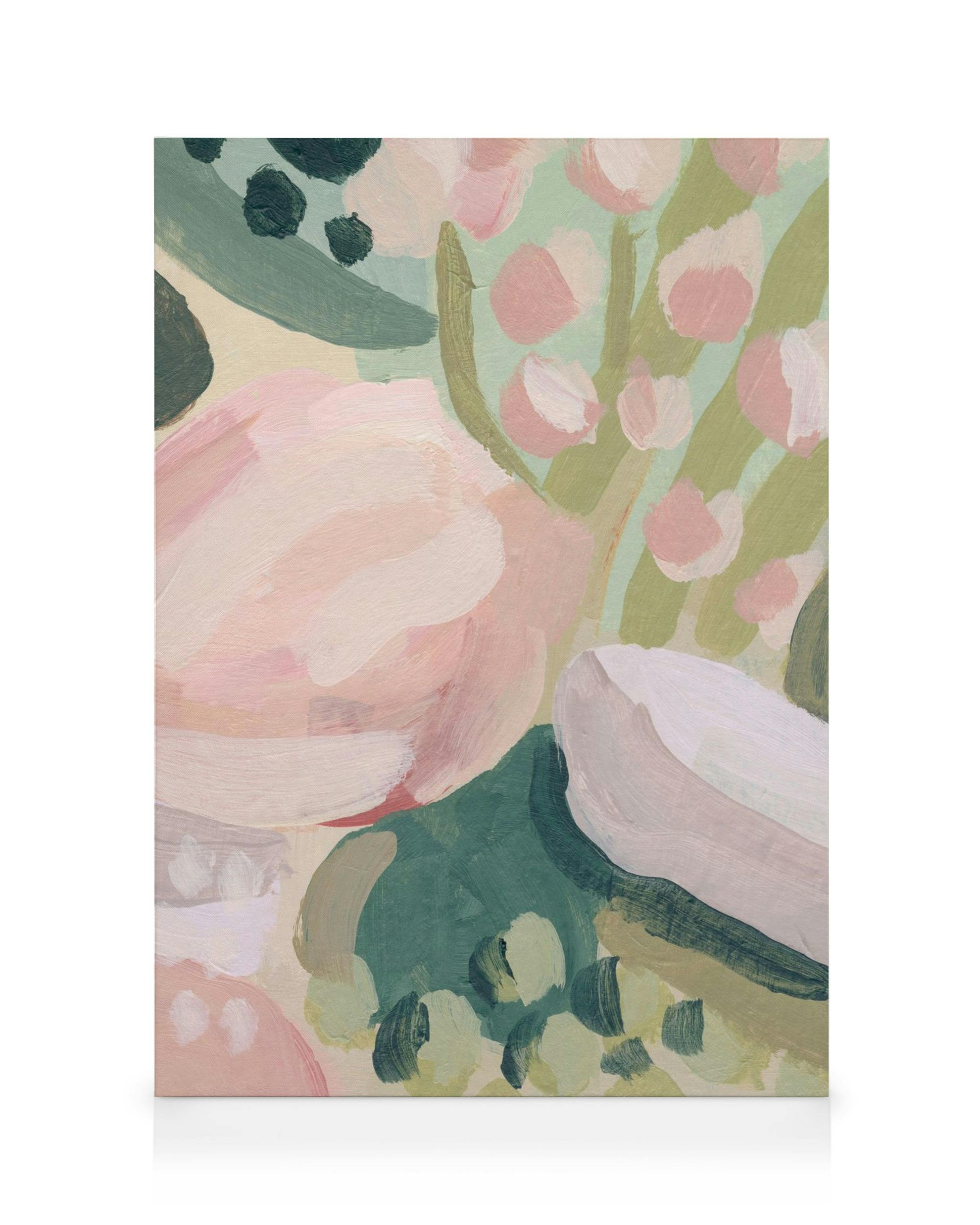Acrylic floral canvas print with abstract pink, green, and cream brushstrokes, ideal for modern home decor.