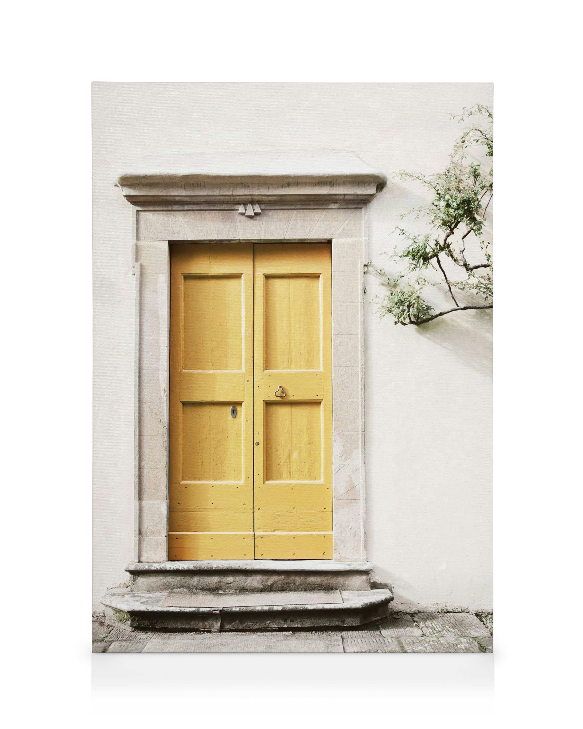 Gele deur in witte stenen muur, met stenen trappen en een groene plant aan de zijkant.