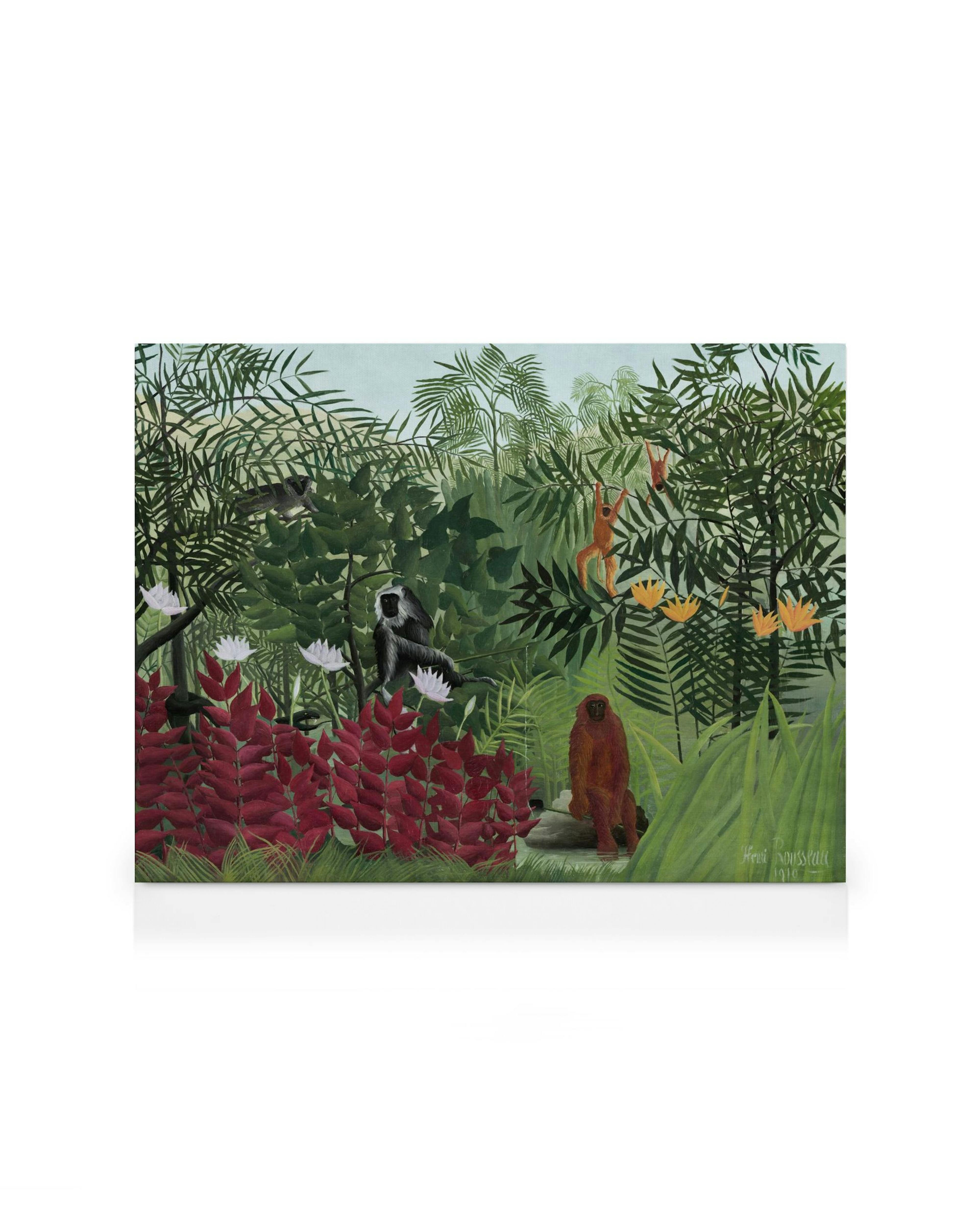 Obraz na płótnie Rousseau, Las Tropikalny z Małpami, przedstawia dżunglę z lemurami, małpami, ptakami i białymi kwiatami.