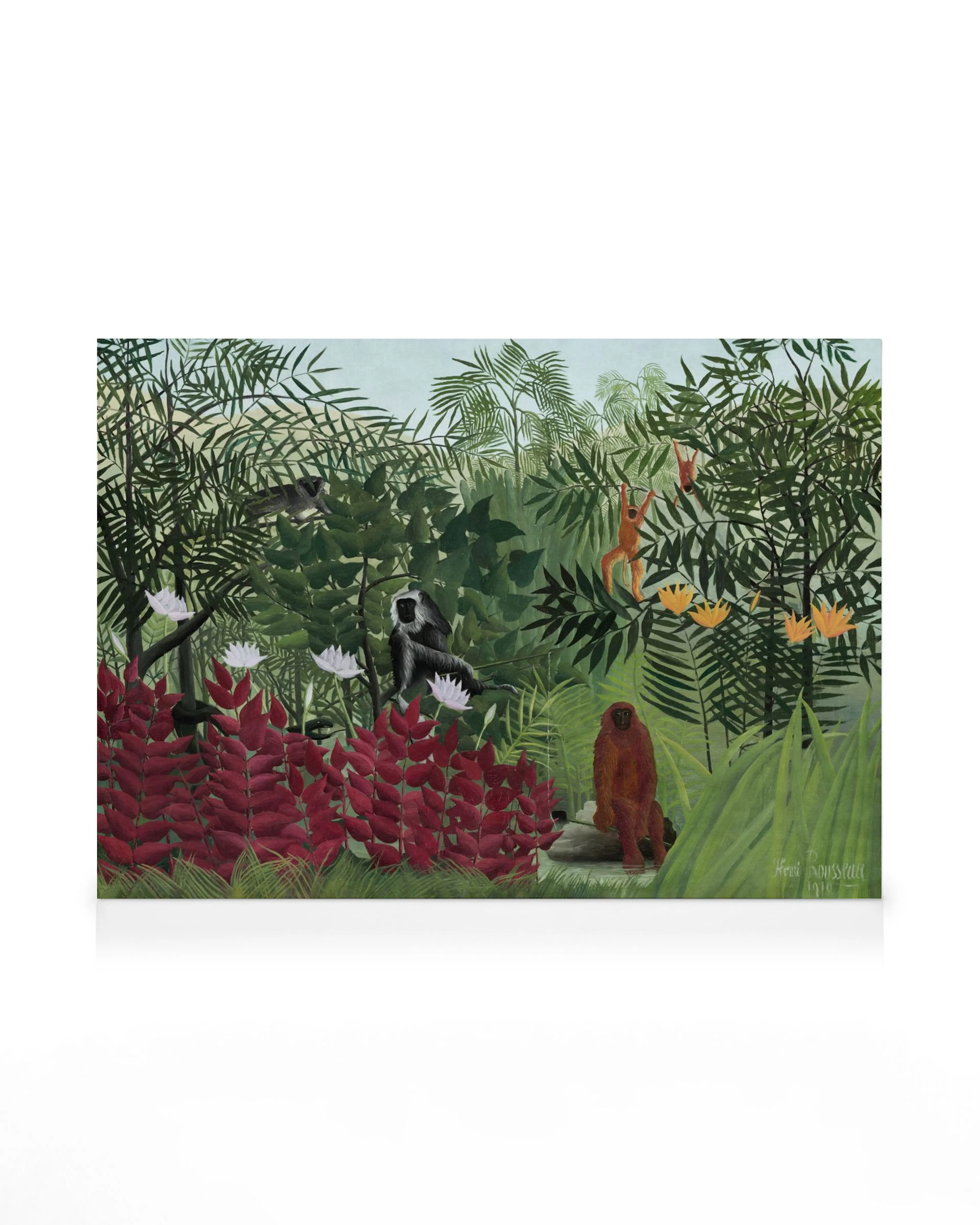 Rousseau tropisk skov maleri med aber, inklusiv en siddende orangutang, en svingende abe og en sort abe