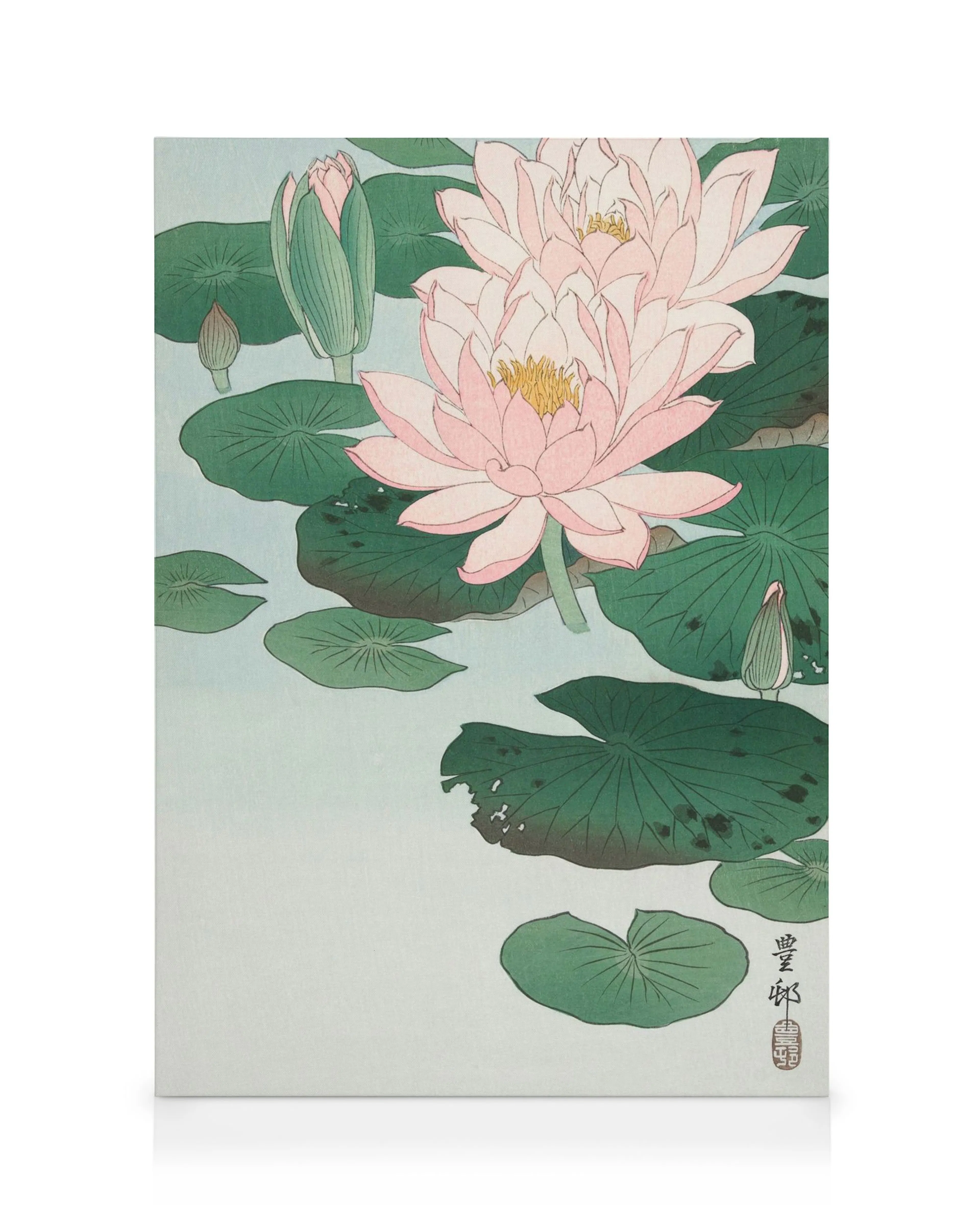 Canvas met roze lotusbloemen en groene bladeren in Oost-Aziatische stijl, inclusief stempel en handtekening.
