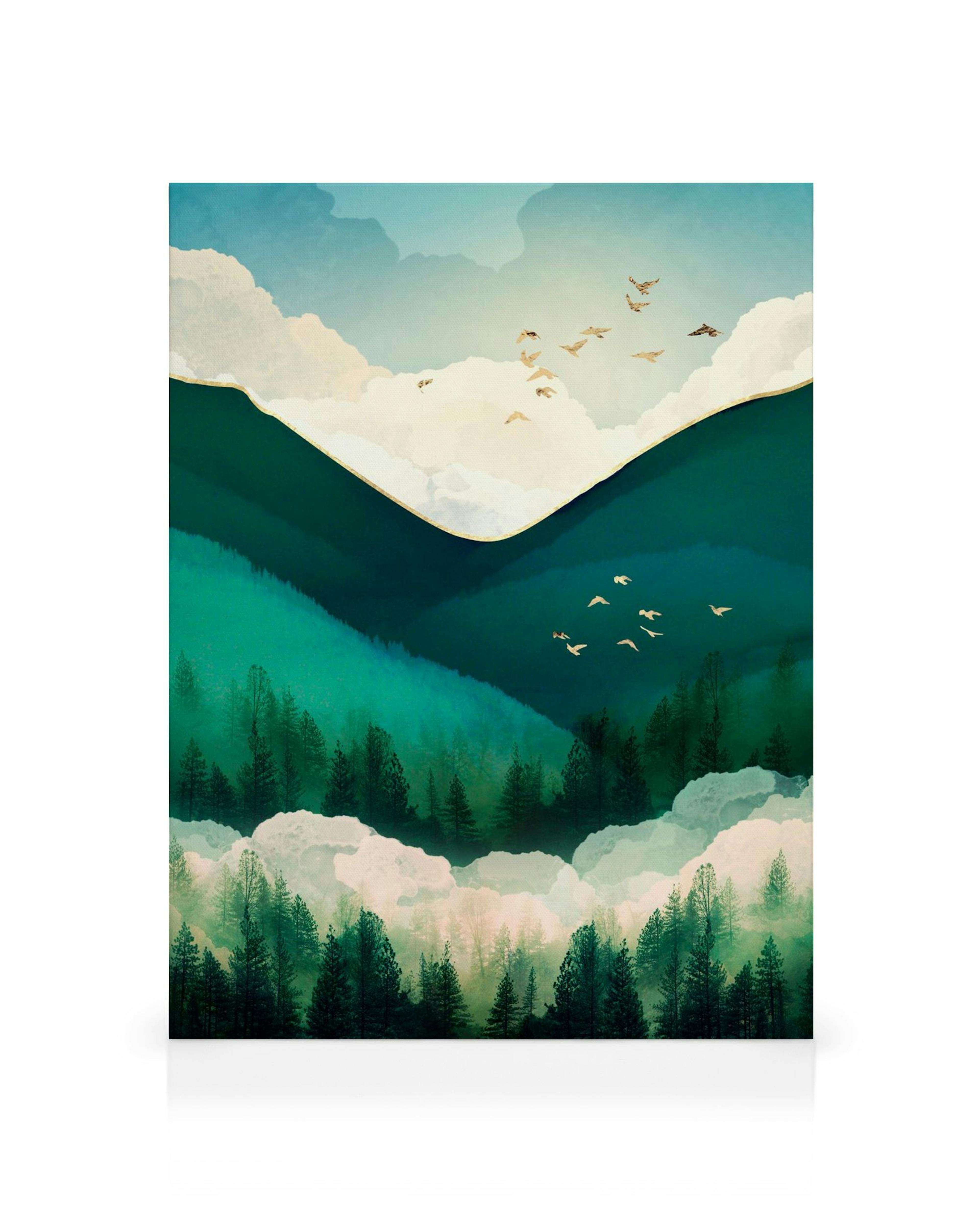 Abstrakt landskap med gröna kullar, skog, och moln. Fåglar flyger i en ljusblå himmel. Smaragdgröna nyanser.