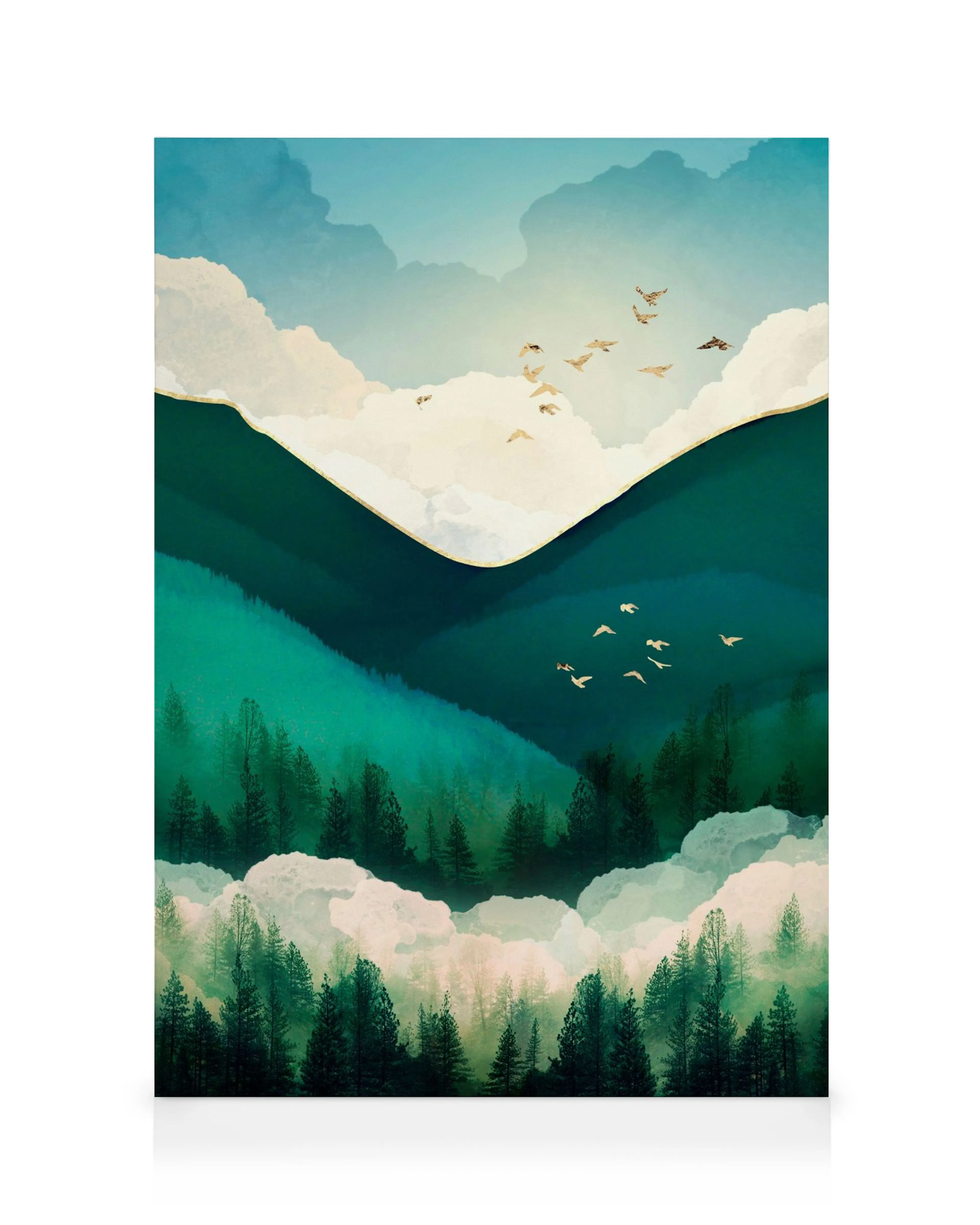 Leinwandbild mit smaragdgrünen Bergen, weißen Wolken und Vögeln in V-Formation. Wandkunst, Naturmotiv.
