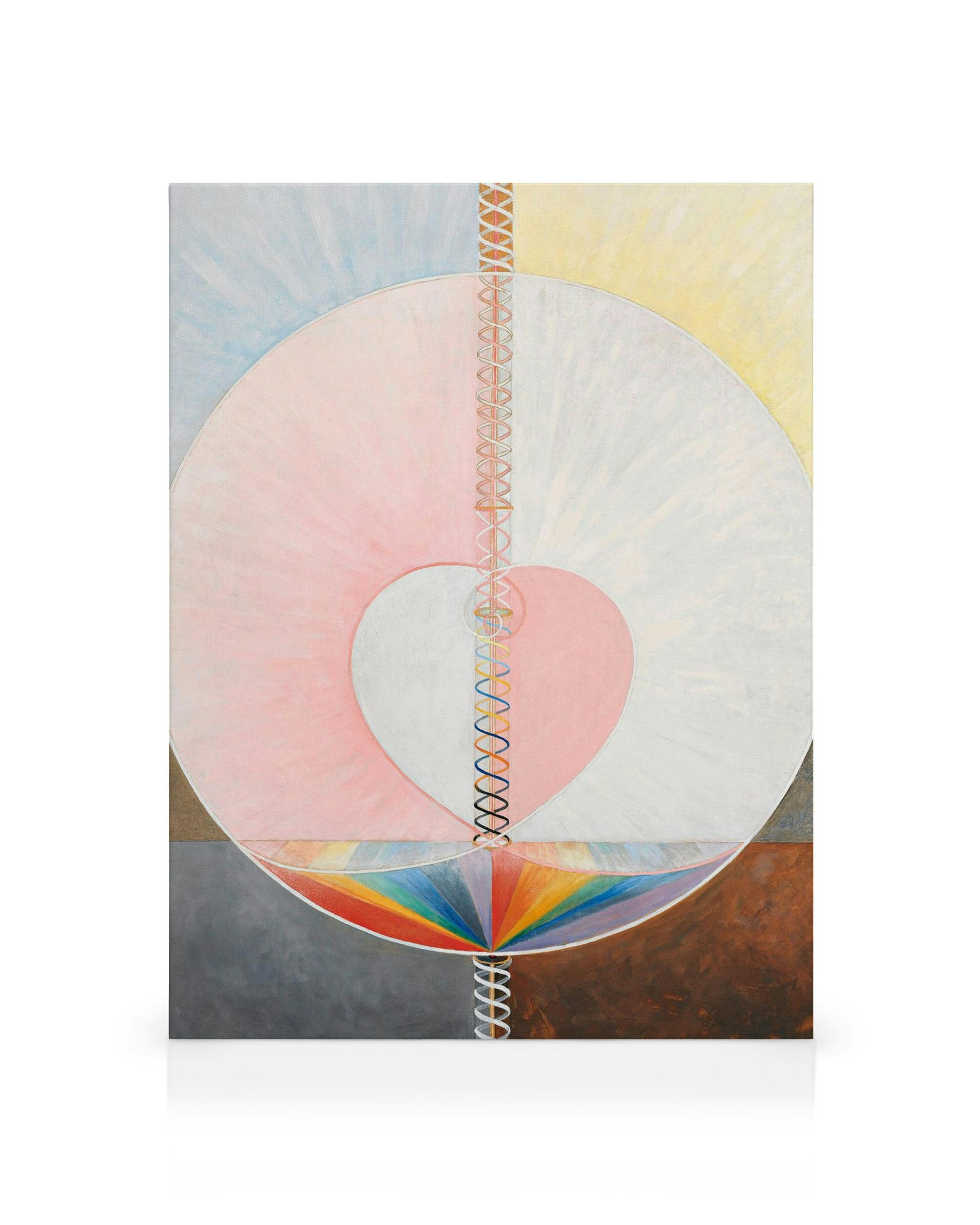 Konstverk av Hilma Af Klint, The Dove, No.1. Abstrakta former med ett vitt hjärta mot rosa bakgrund och en vertikal spiral.
