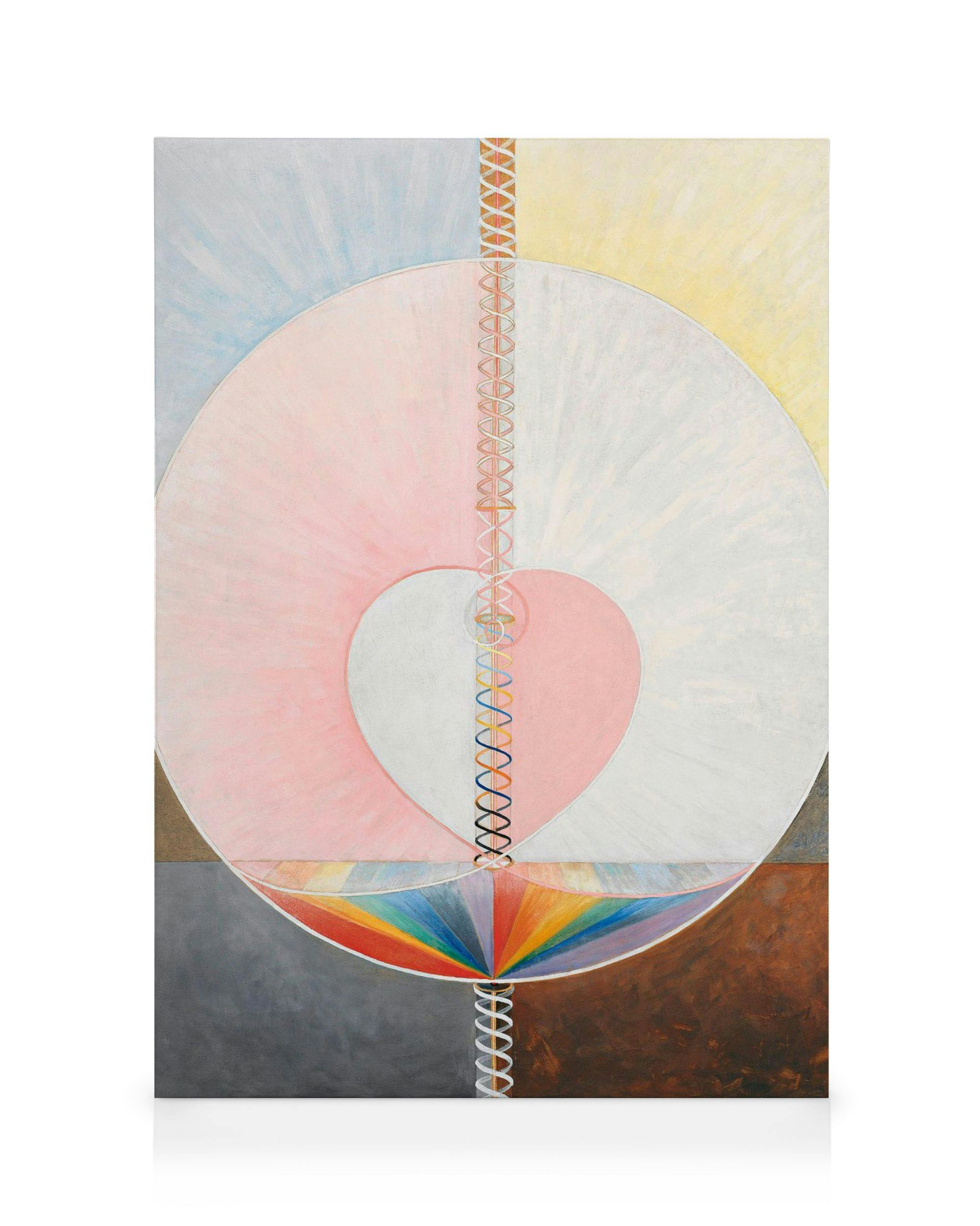 Lienzo abstracto de Hilma Af Klint, La Paloma, No.1, con espirales, corazón y arcoíris sobre fondo degradado.