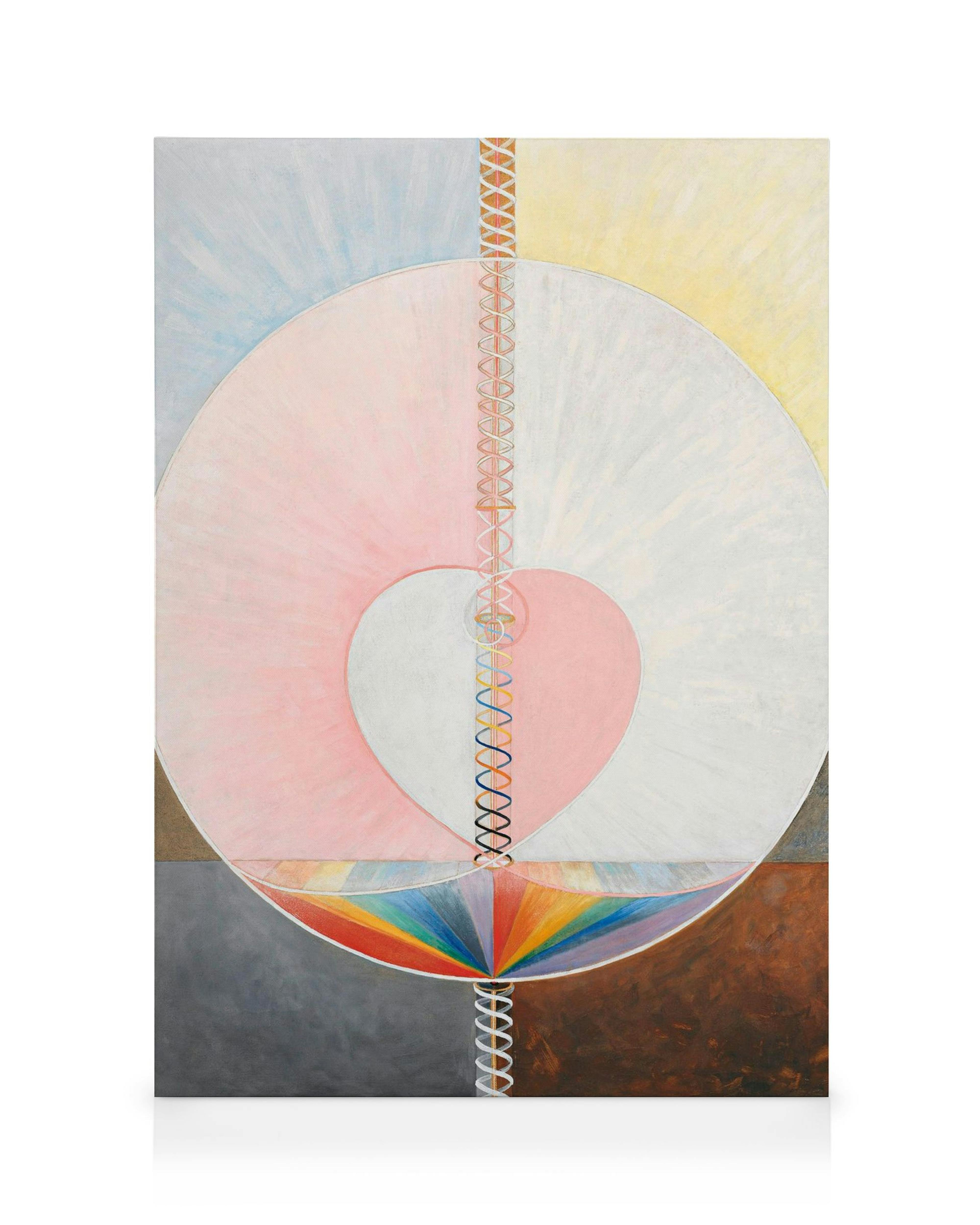 Lienzo abstracto de Hilma Af Klint, La Paloma, No.1, con espirales, corazón y arcoíris sobre fondo degradado.