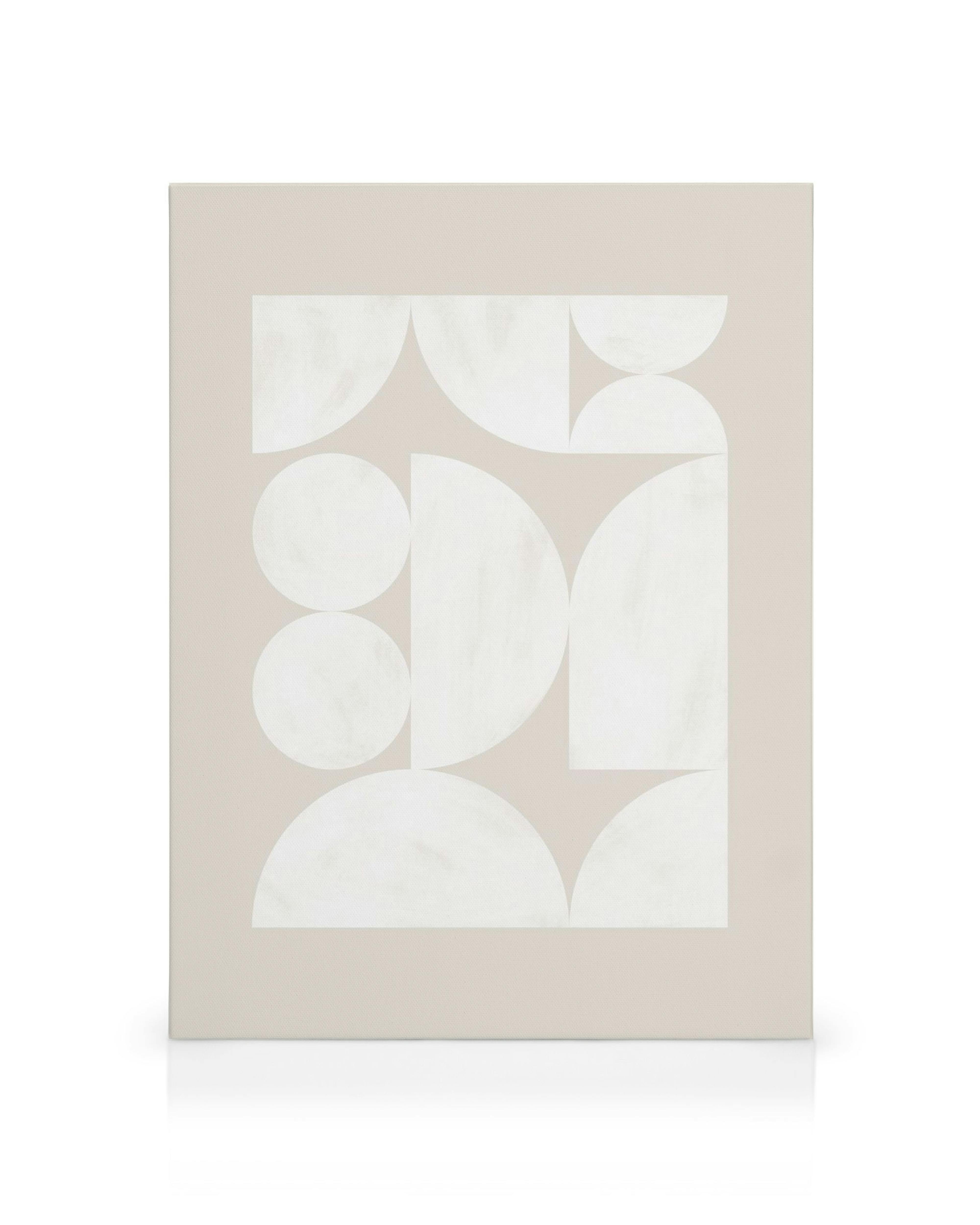 Leinwandbild mit geometrischem Muster: weiße Kreise, Halbkreise und Rechtecke auf beigem Hintergrund
