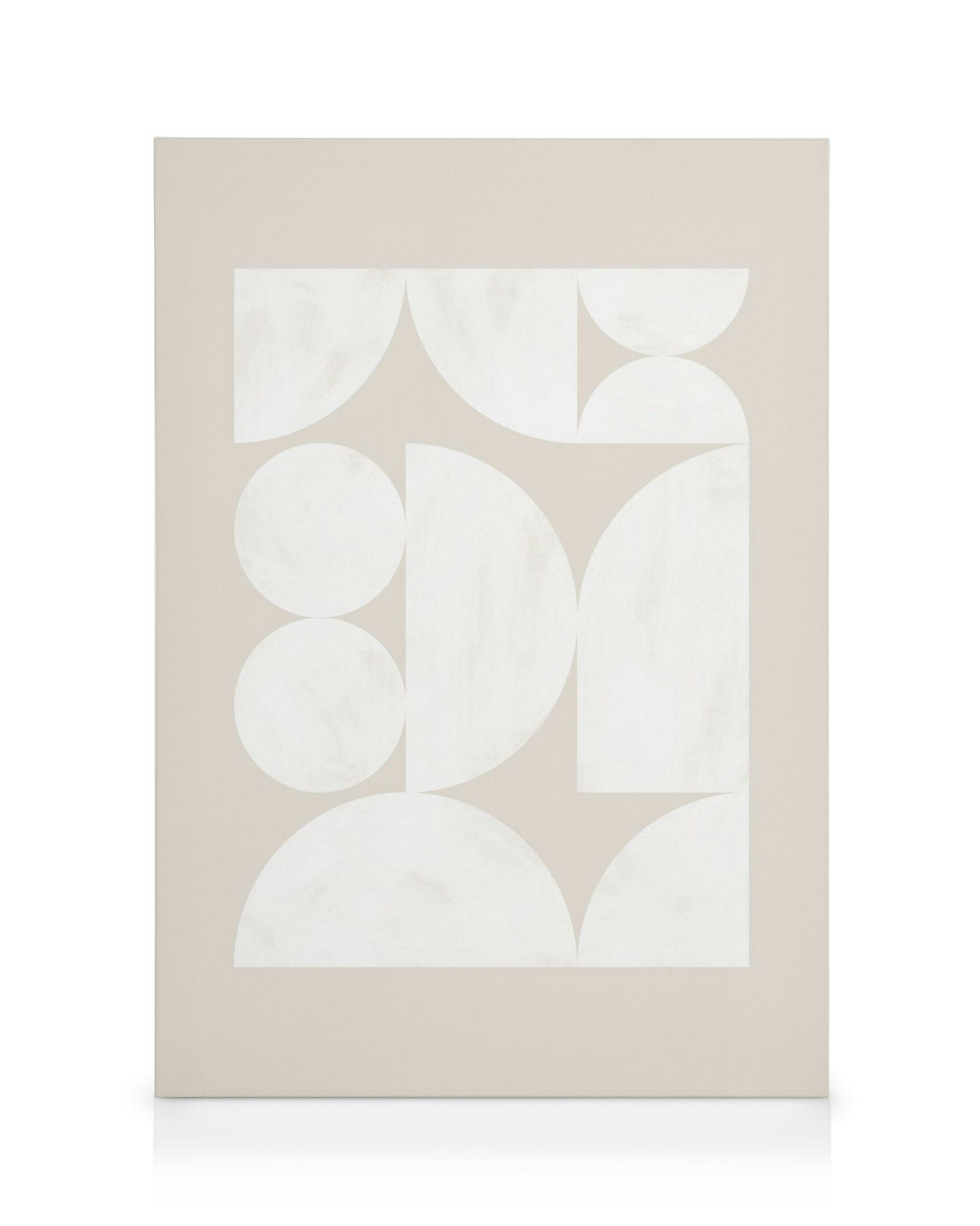 Toile à motif géométrique avec cercles et rectangles blancs disposés symétriquement sur fond beige clair.