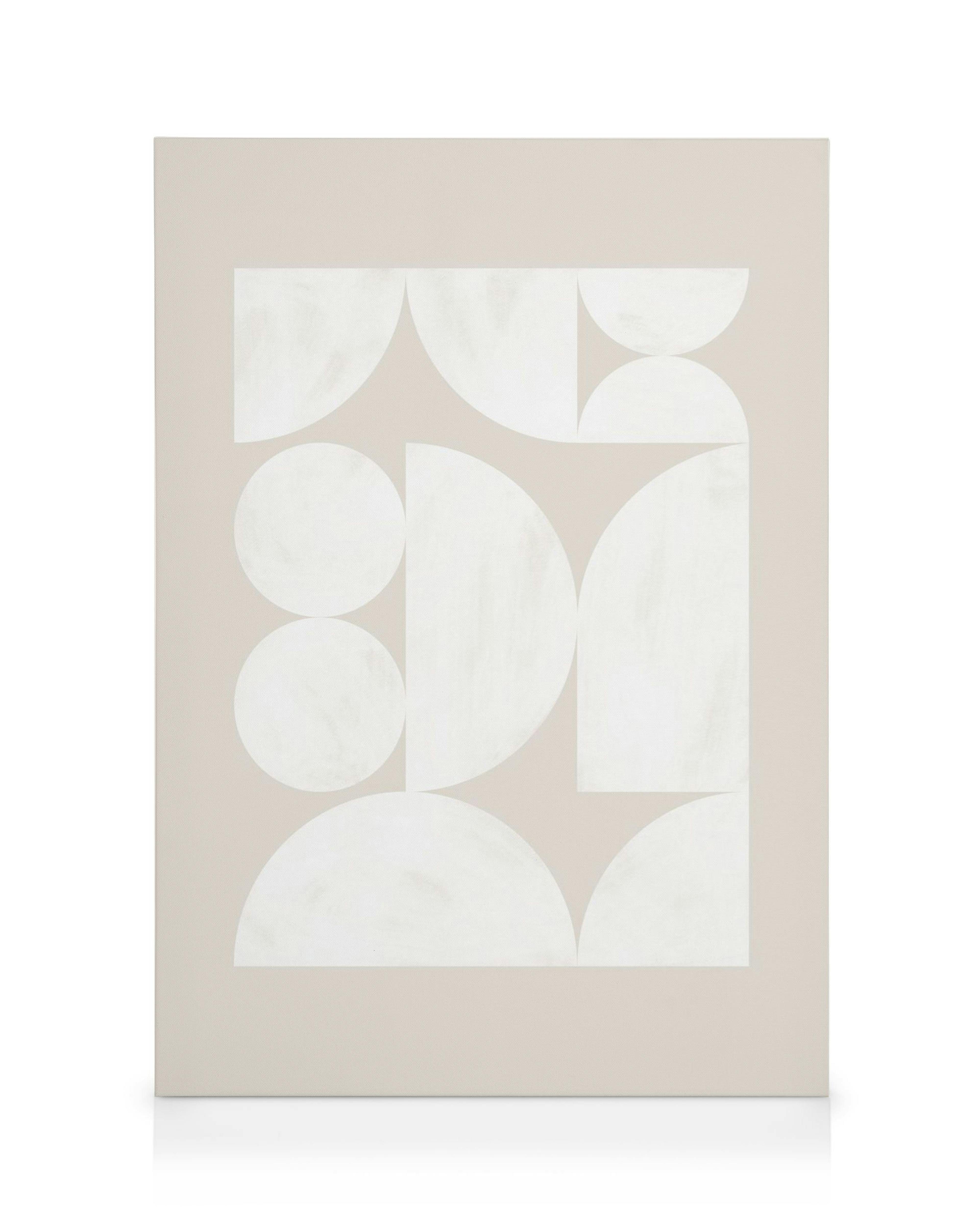 Toile à motif géométrique avec cercles et rectangles blancs disposés symétriquement sur fond beige clair.