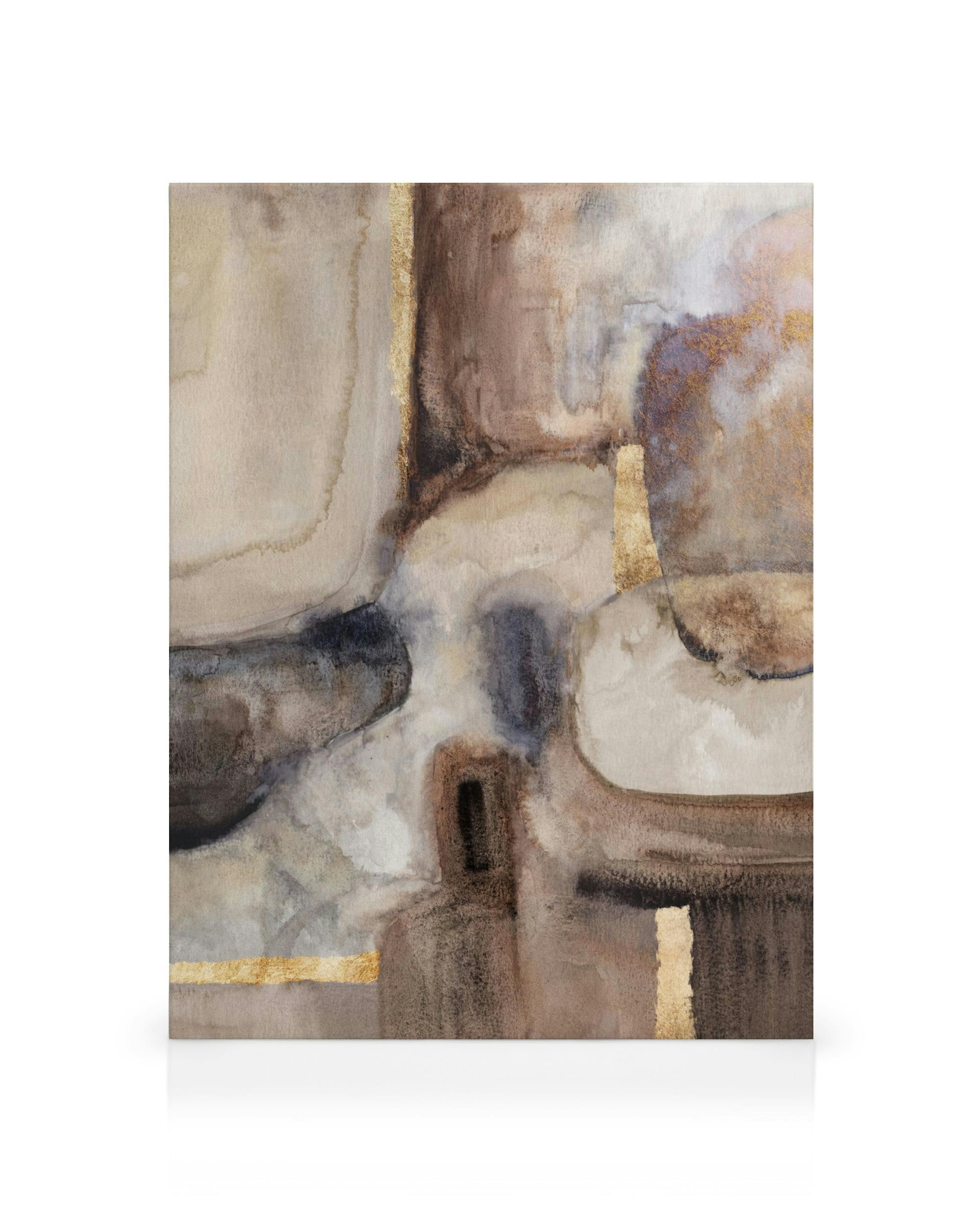 Lienzo abstracto acuarela con tonos marrones, beige y gris, acentuado con líneas doradas y textura de mármol.