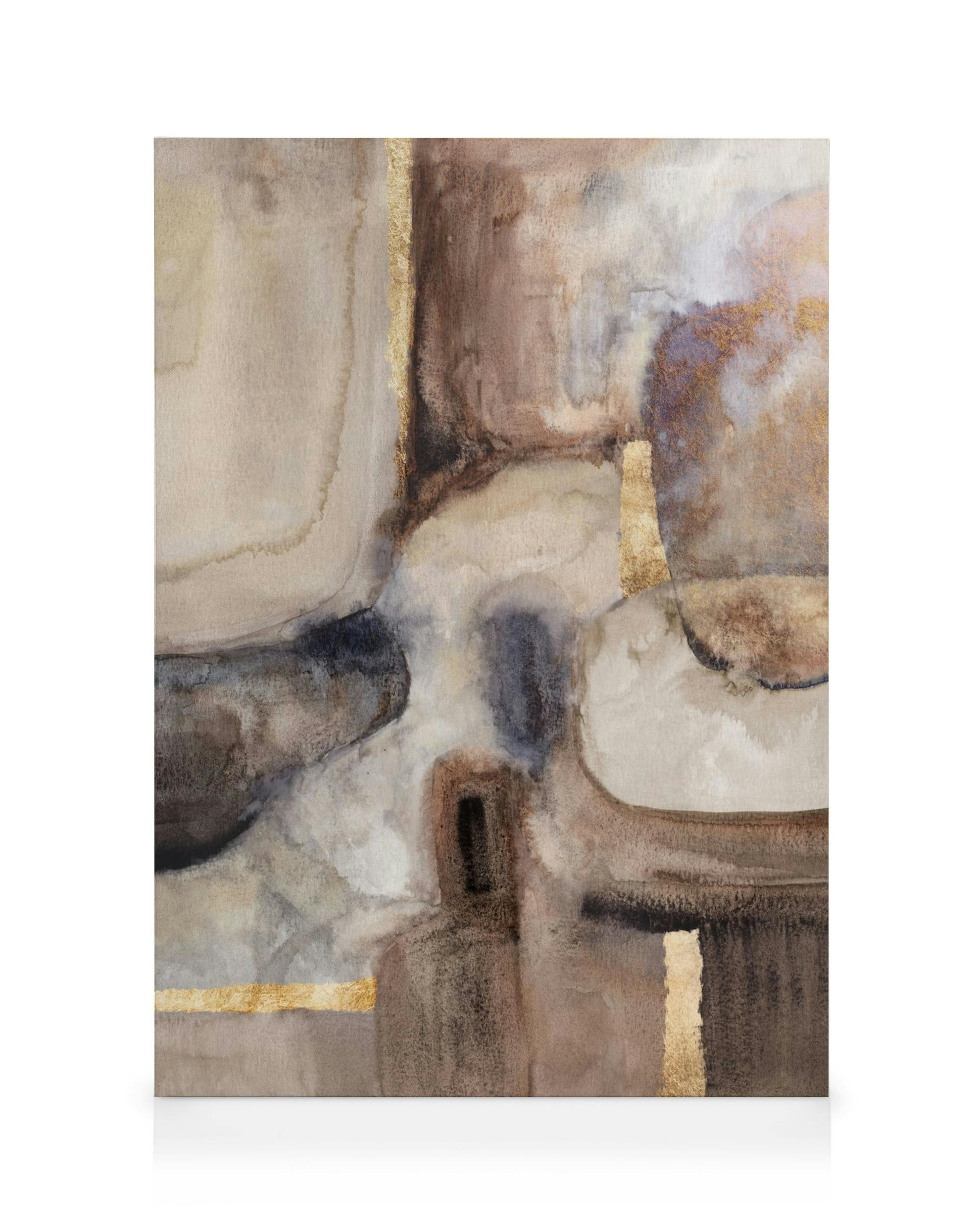 Golden watercolor canvas with brown, beige, and gray abstract shapes, accented by shimmering gold lines and washes.