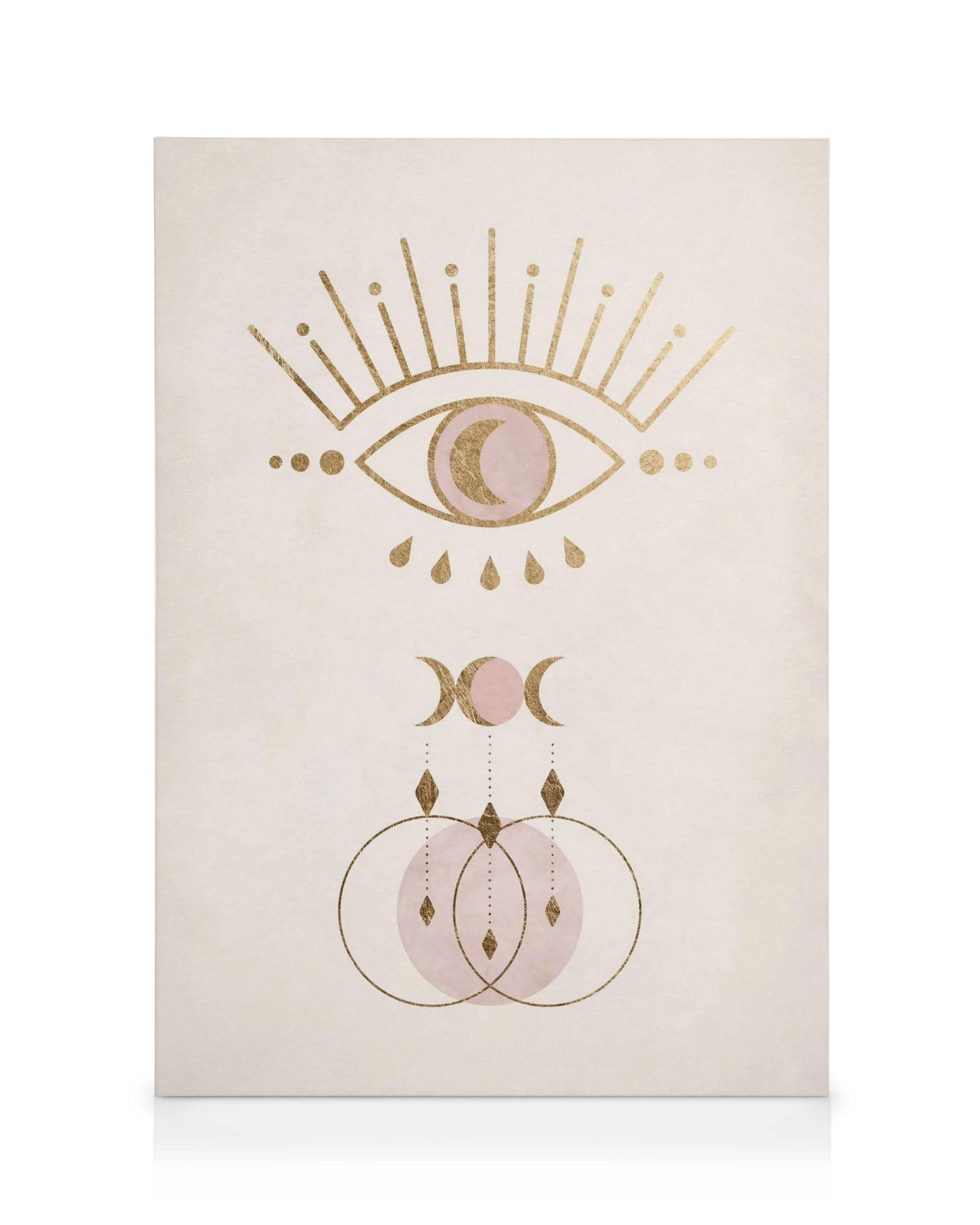 Toile avec œil abstrait rose et or, symboles mystiques, lunes et cercles sur fond crème.