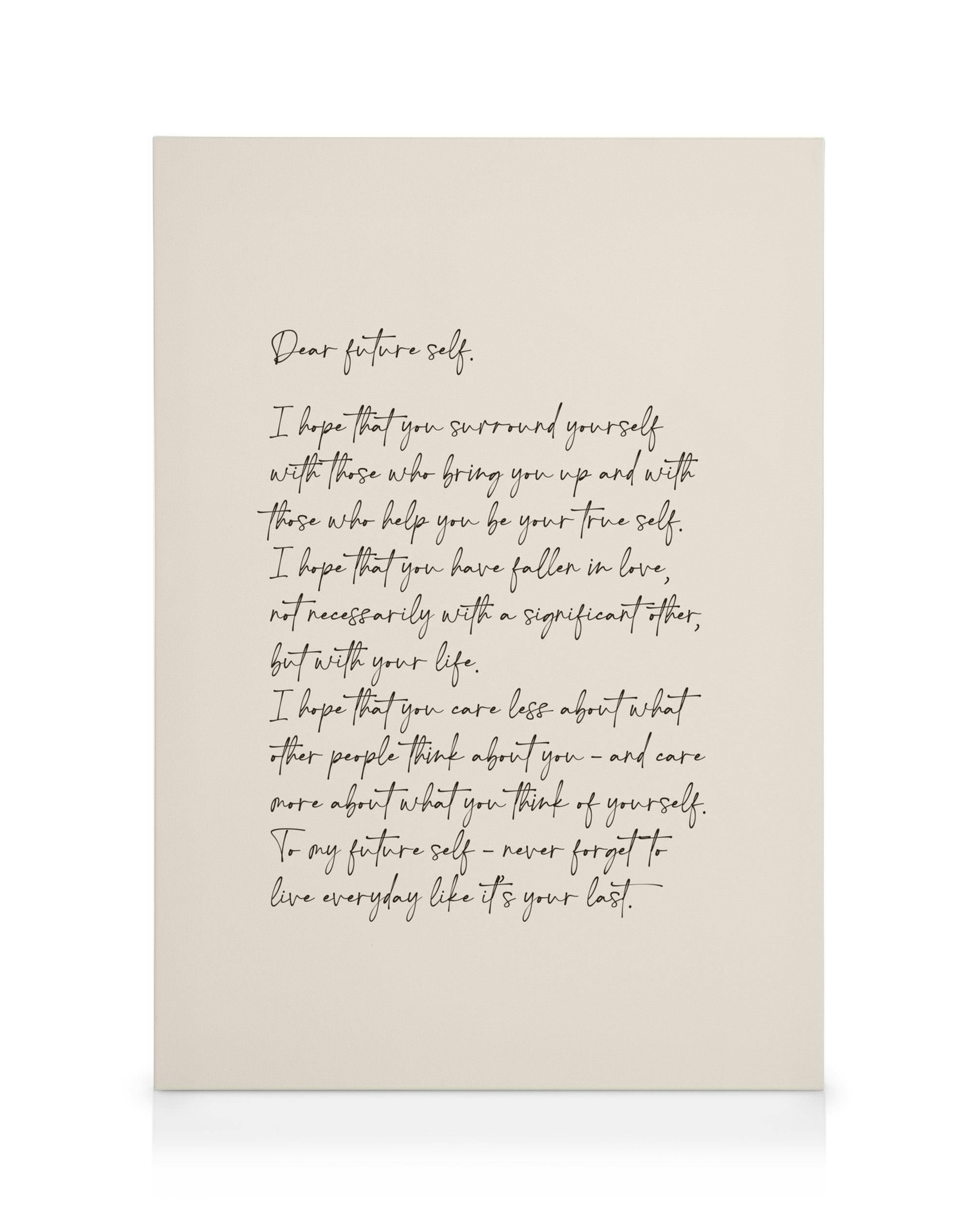 Dear Future Self canvas print, with black handwritten text on a light cream background, featuring an inspirational letter.