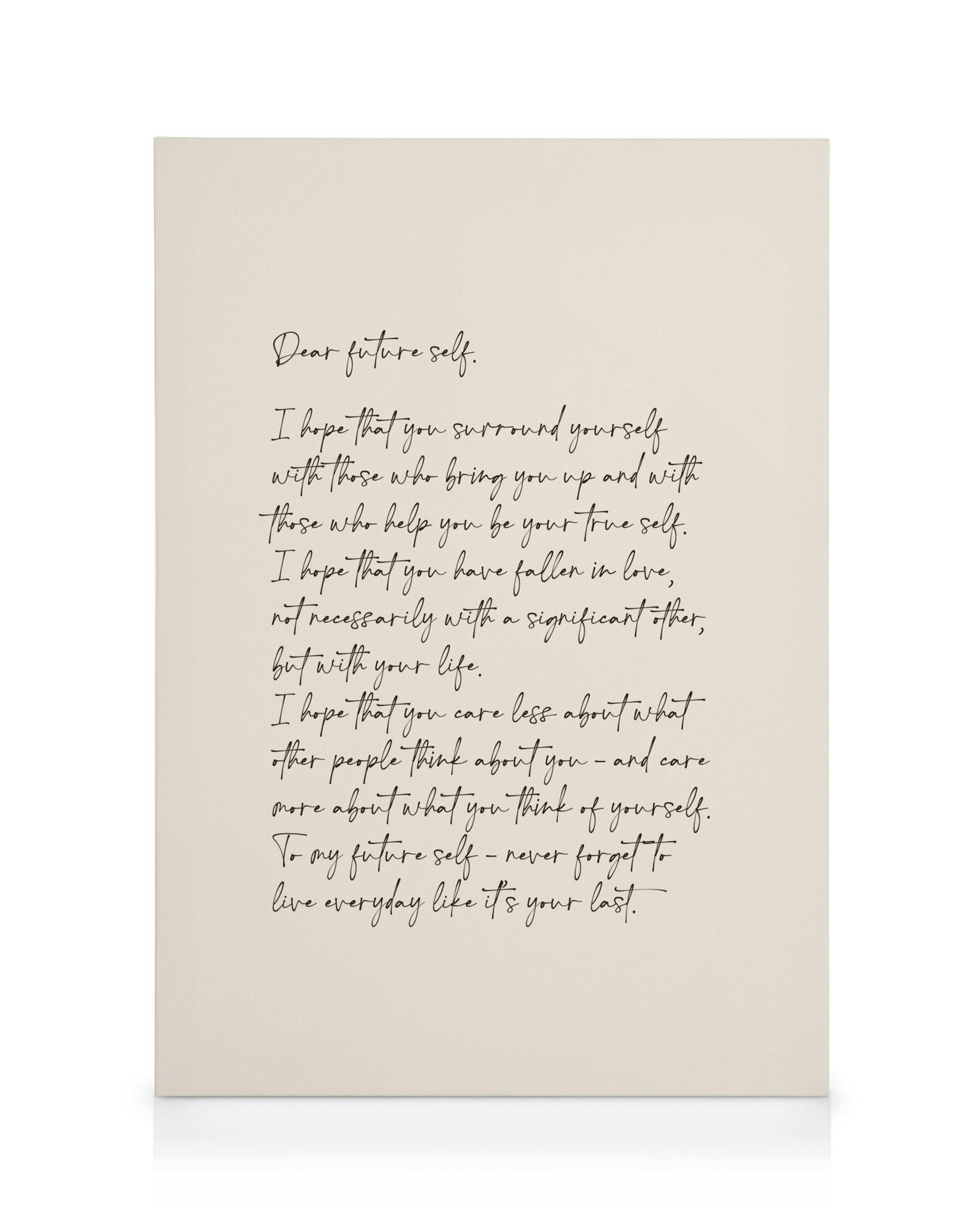 Dear Future Self canvas print, with black handwritten text on a light cream background, featuring an inspirational letter.