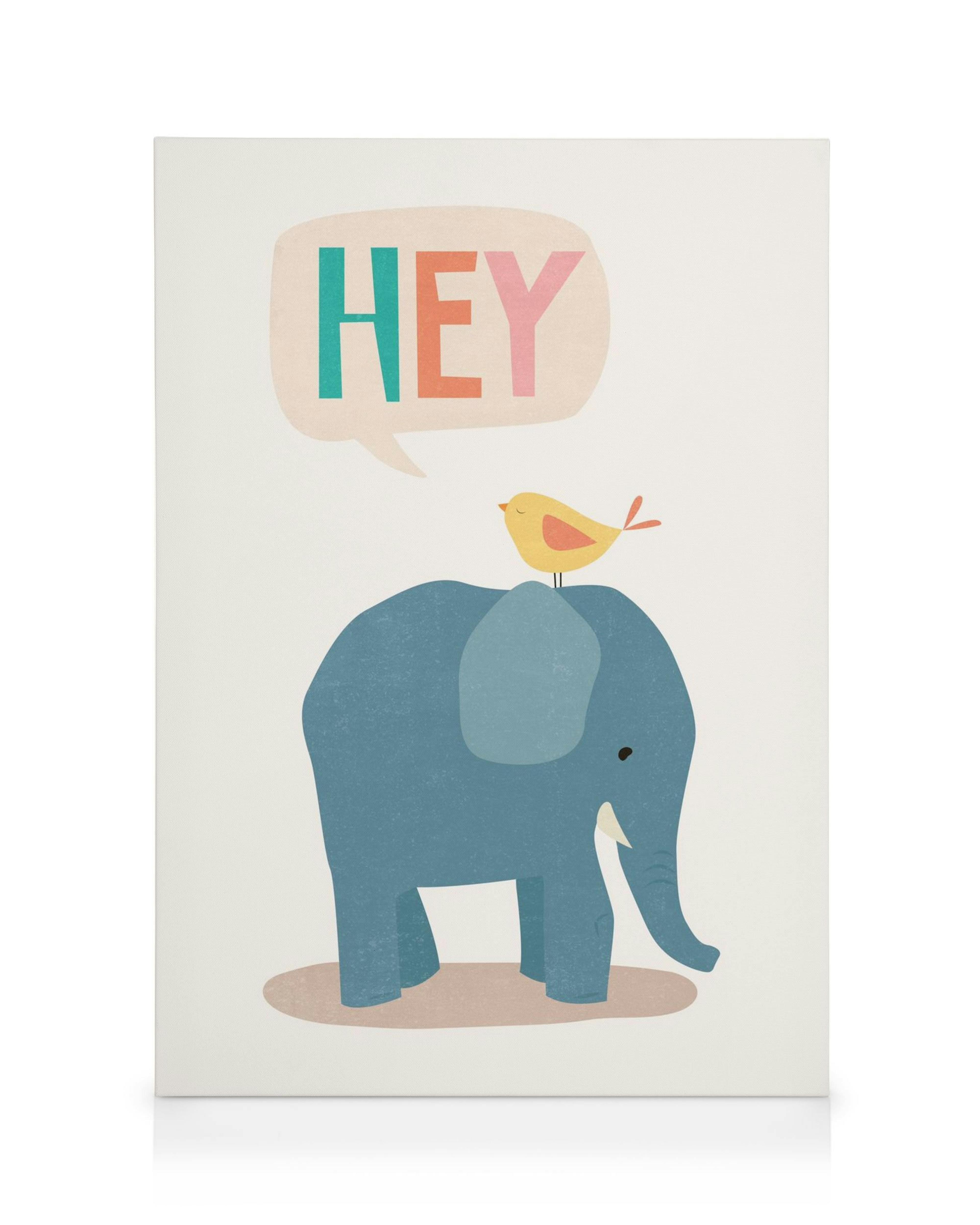 Søtt lerretsbilde med en blå elefant og en gul fugl på ryggen, med en snakkeboble som sier HEY i muntre farger.