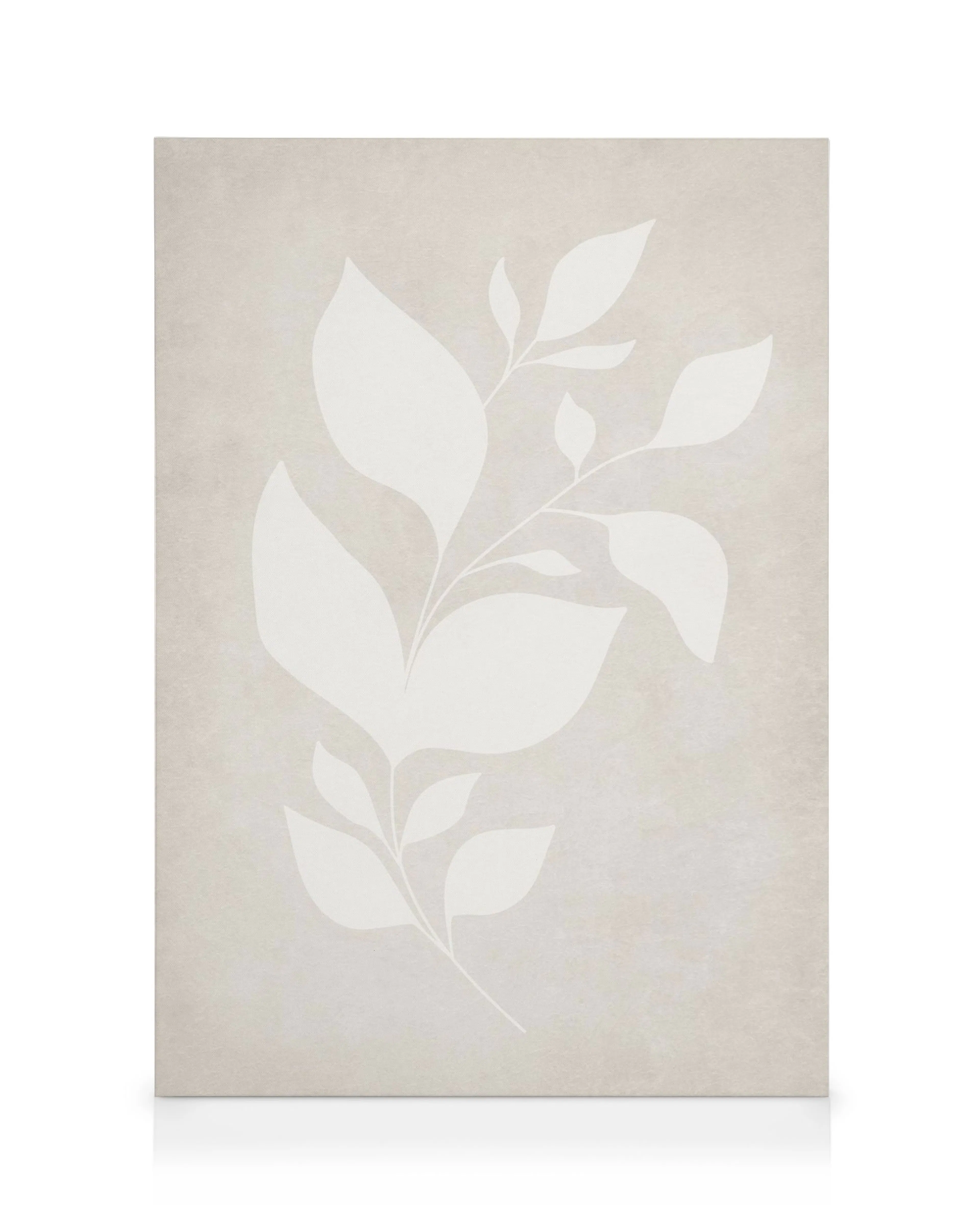 Beige canvastavla med vit silhuett av en bladranka, minimalistisk växtkonst, elegant heminredning.