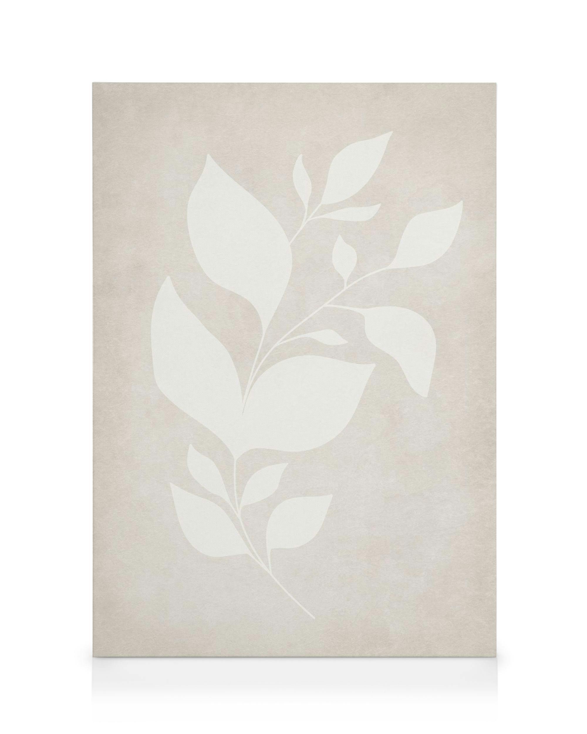 Beżowy obraz na płótnie z białymi, stylizowanymi liśćmi rośliny, nowoczesna sztuka botaniczna w stonowanych barwach.