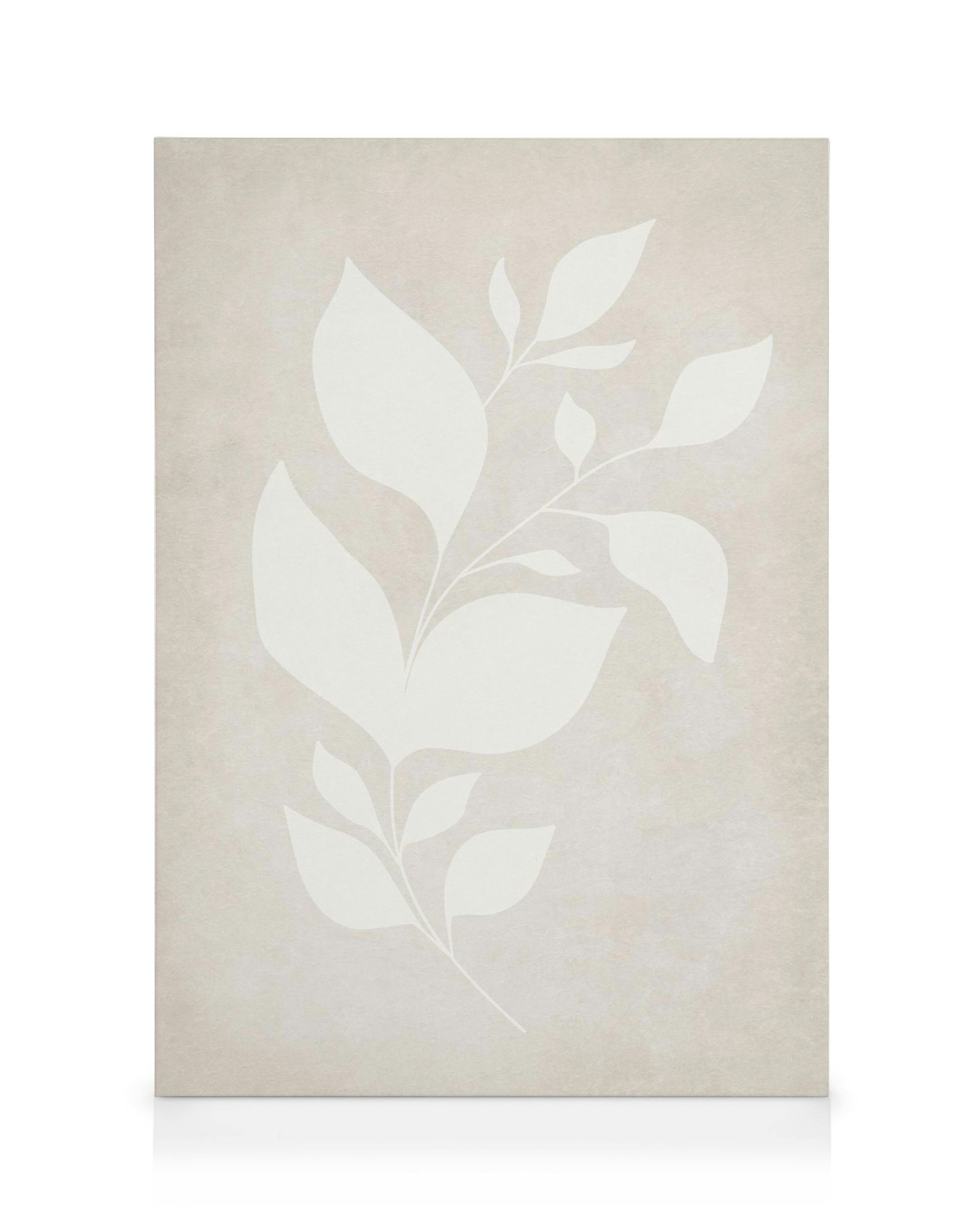 Beżowy obraz na płótnie z białymi, stylizowanymi liśćmi rośliny, nowoczesna sztuka botaniczna w stonowanych barwach.