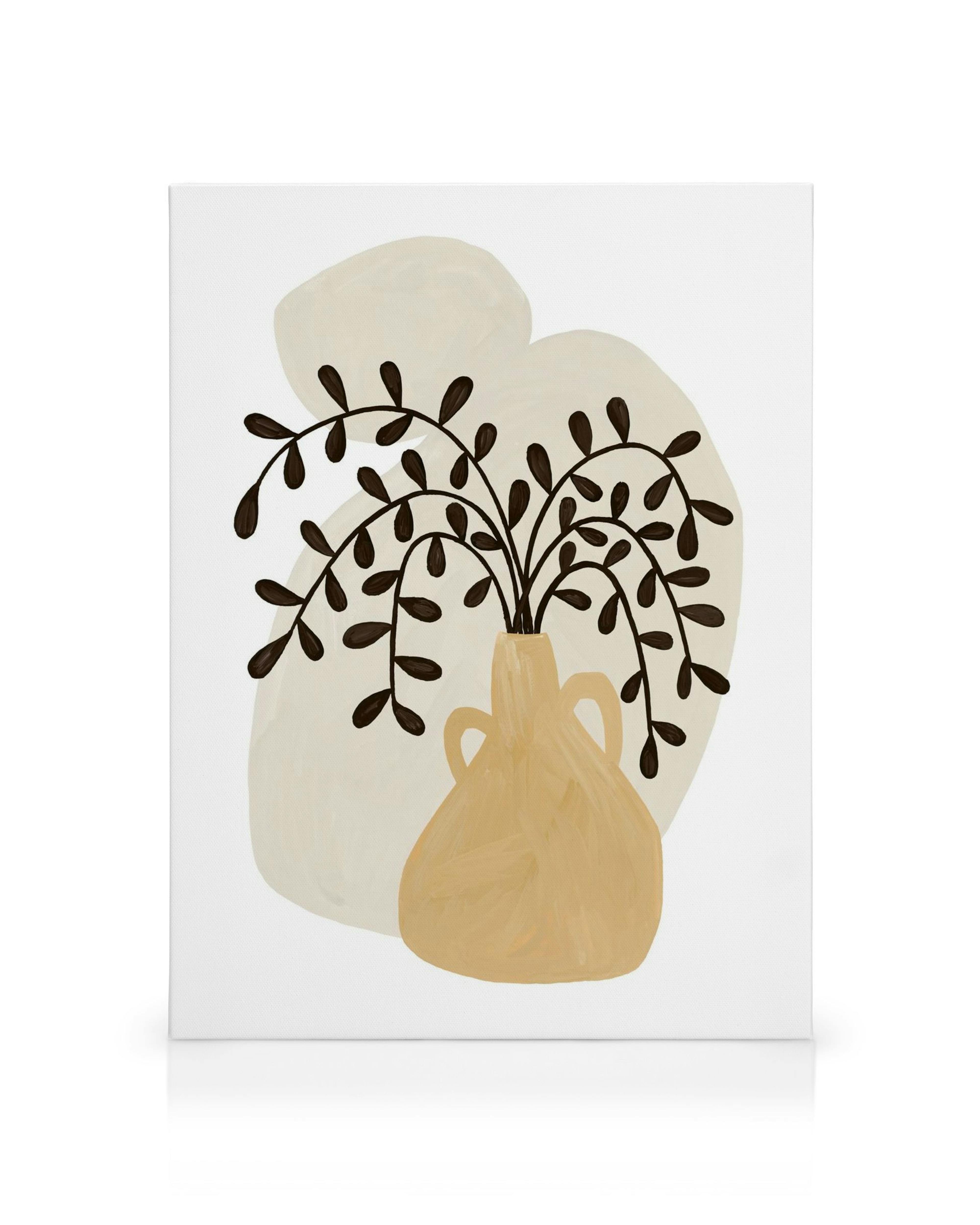Yellow vase with dark plant stems canvas print, minimalist design