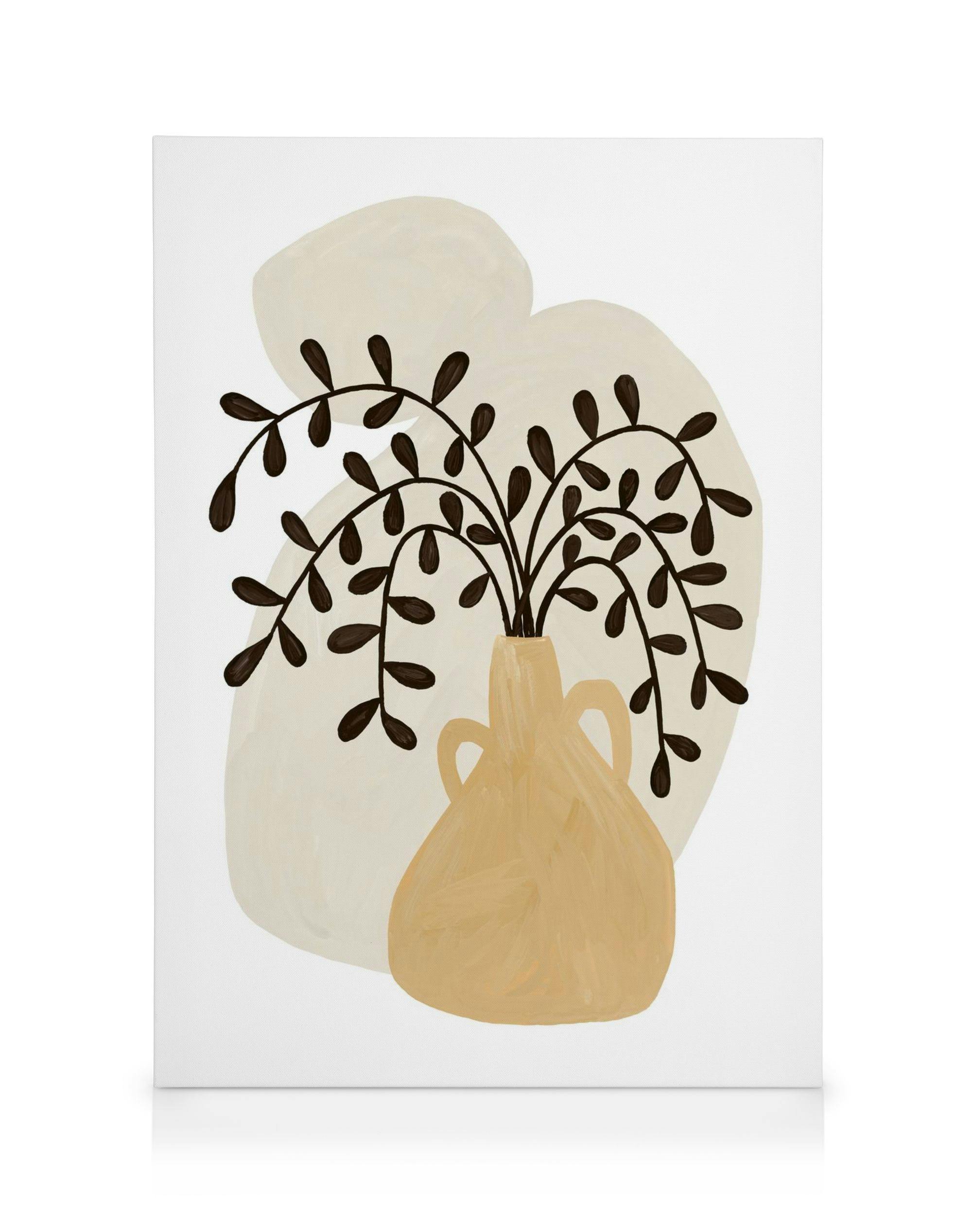 Yellow Vase Canvas print, featuring a stylized yellow vase with dark brown leafy branches, on a background of abstract beige sha