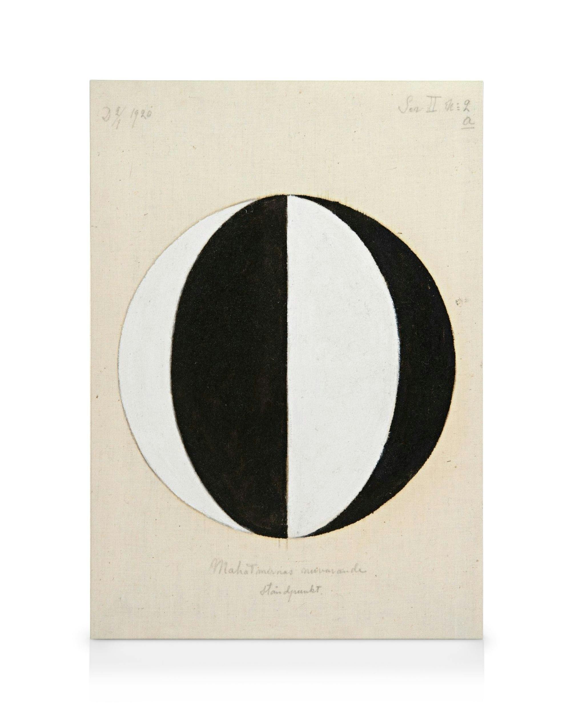 Hilma Af Klint canvas print: black and white abstract art with vertical split circle on beige, numbers and words.