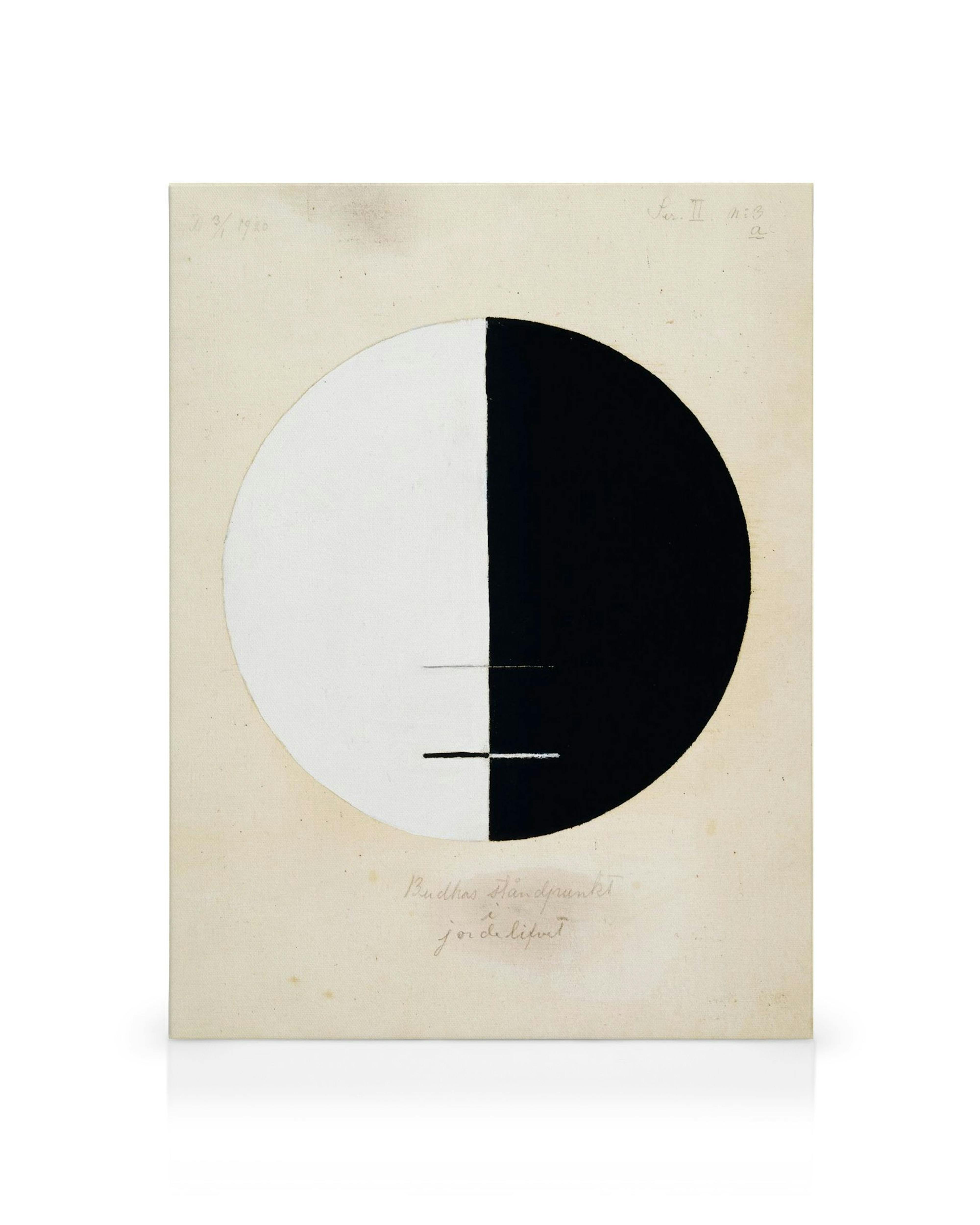 Κάμβας Hilma Af Klint, Buddhas standpoint, ασπρόμαυρος κύκλος με οριζόντιες γραμμές.