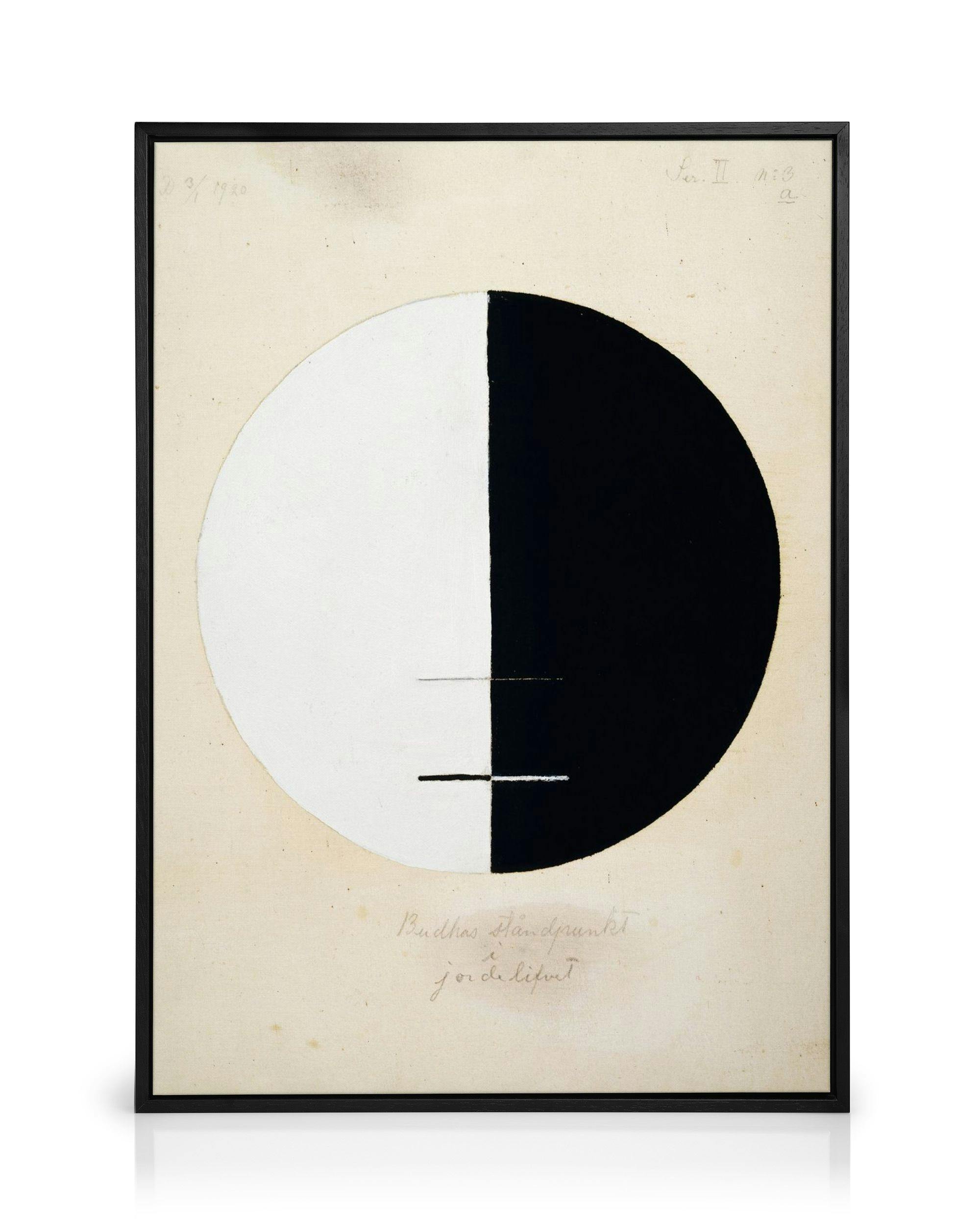 Hilma Af Klintin Buddhas standpoint in the earthly life, mustavalkoinen abstrakti ympyrä, jossa kaksi vaakasuoraa viivaa