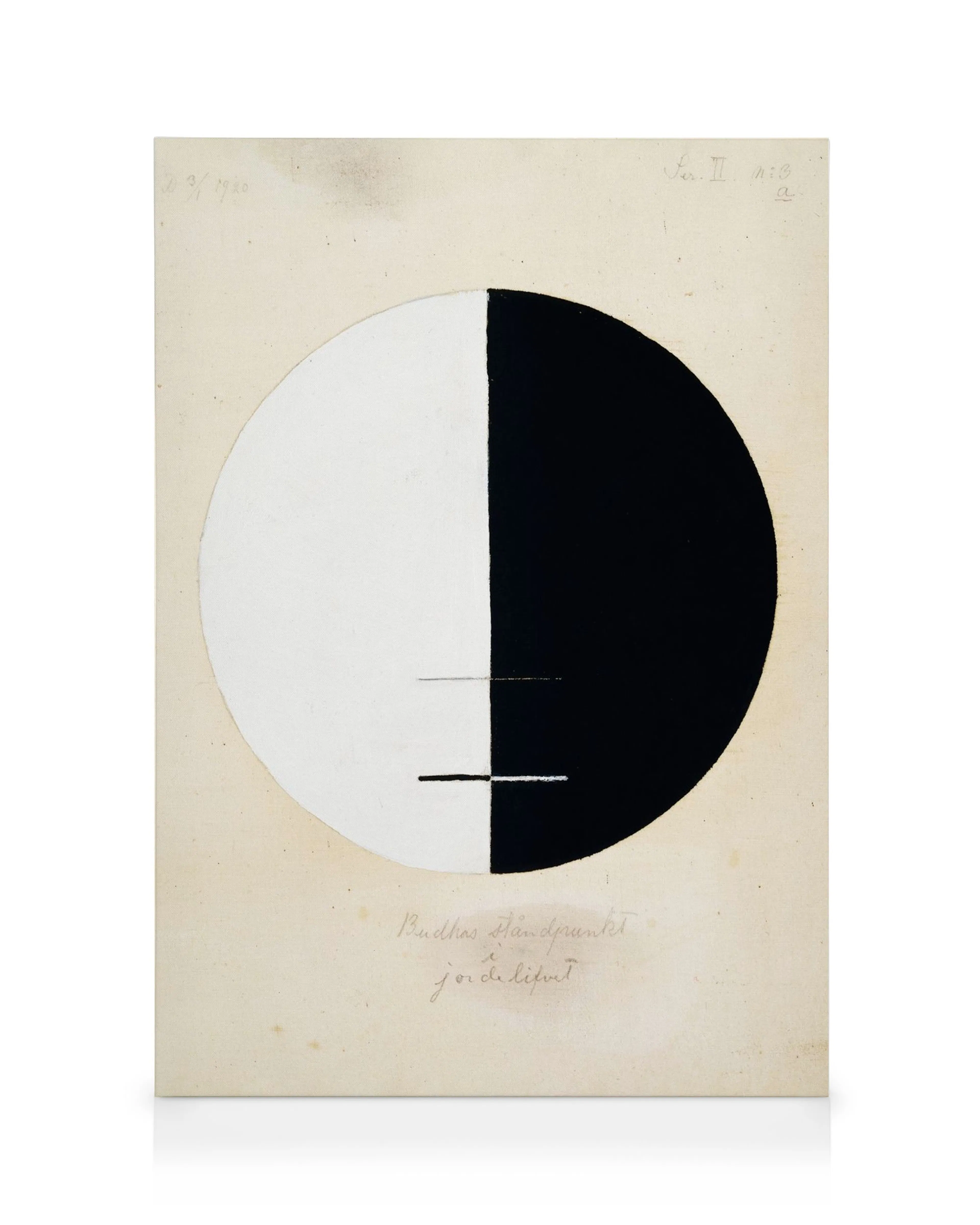 Toile abstraite en noir et blanc, cercle divisé, texte manuscrit, fond texturé crème, style unique