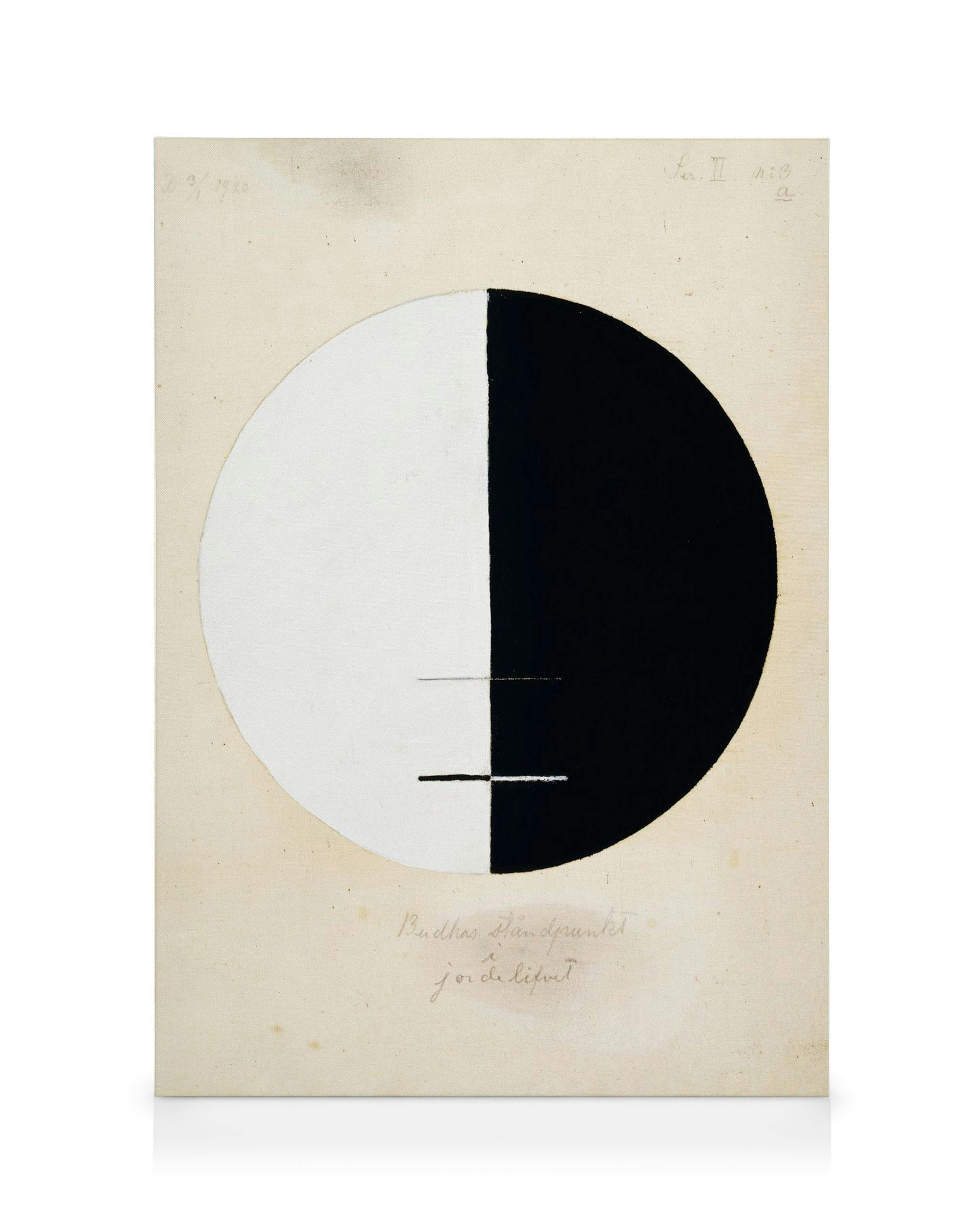 Toile abstraite Buddha en noir et blanc, motif de cercle divisé avec texte manuscrit et fond crème