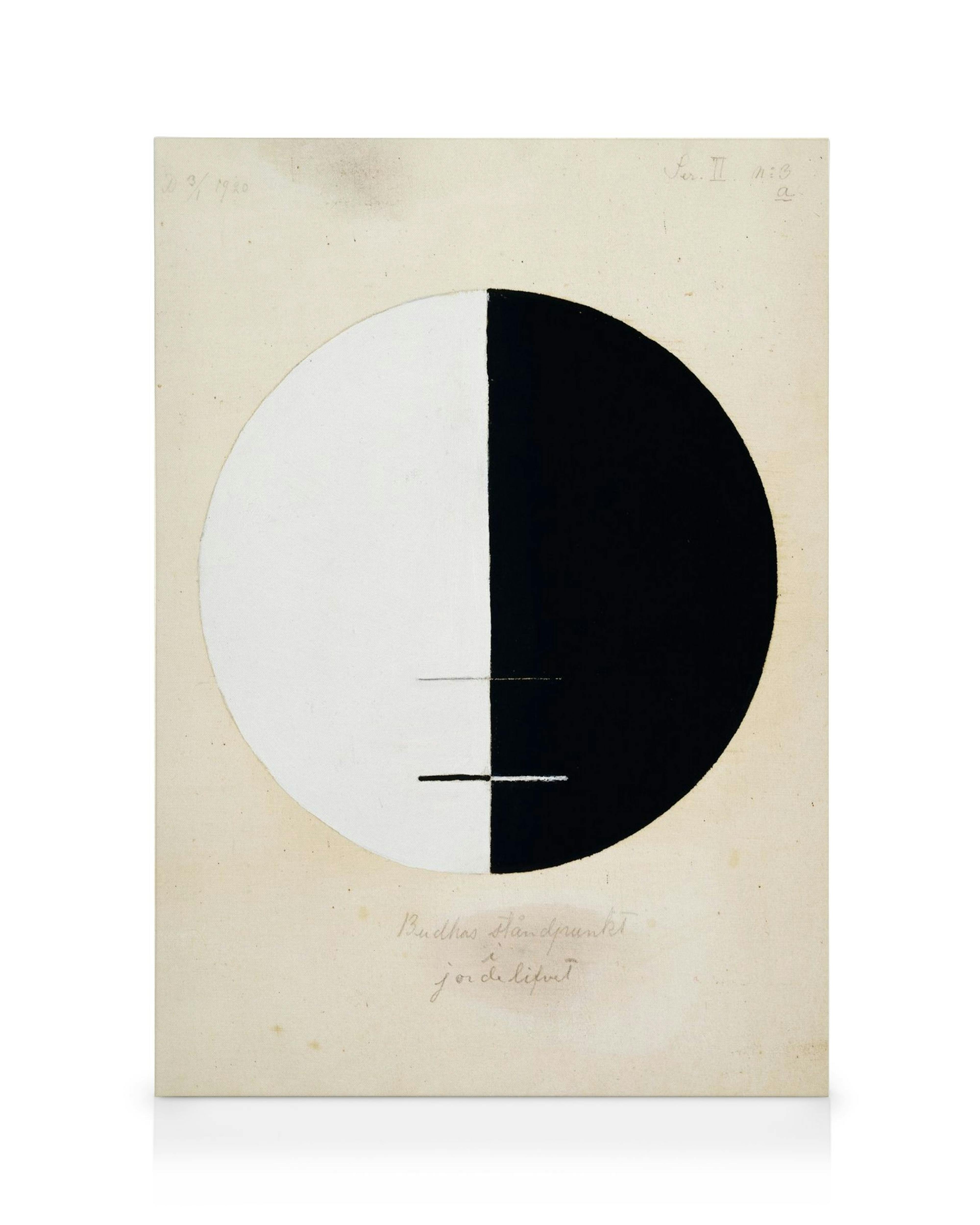 Toile abstraite Buddha en noir et blanc, motif de cercle divisé avec texte manuscrit et fond crème