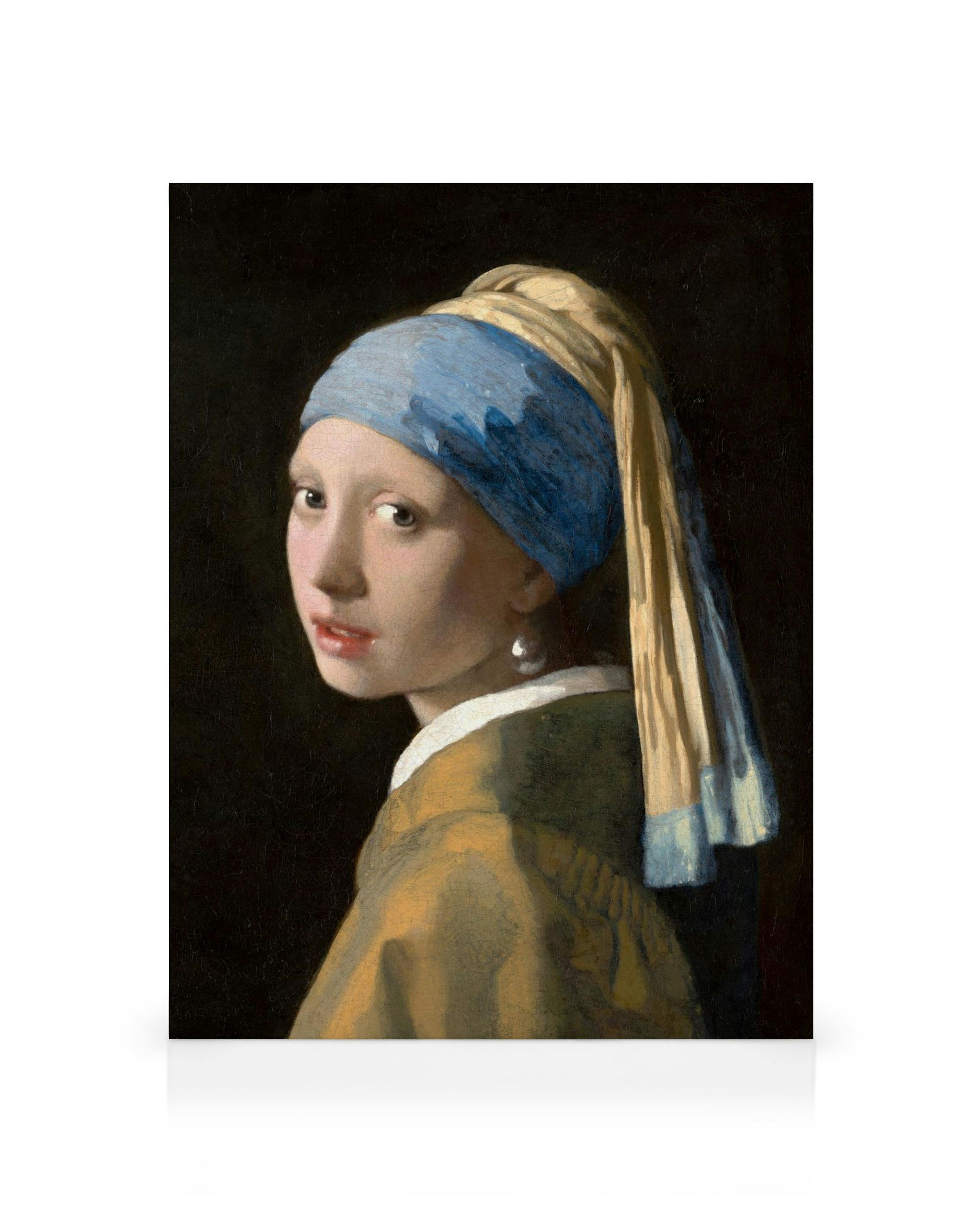 Johannes Vermeer, Dívka s perlovou náušnicí, portrét dívky s modrým a žlutým turbanem, perlová náušnice