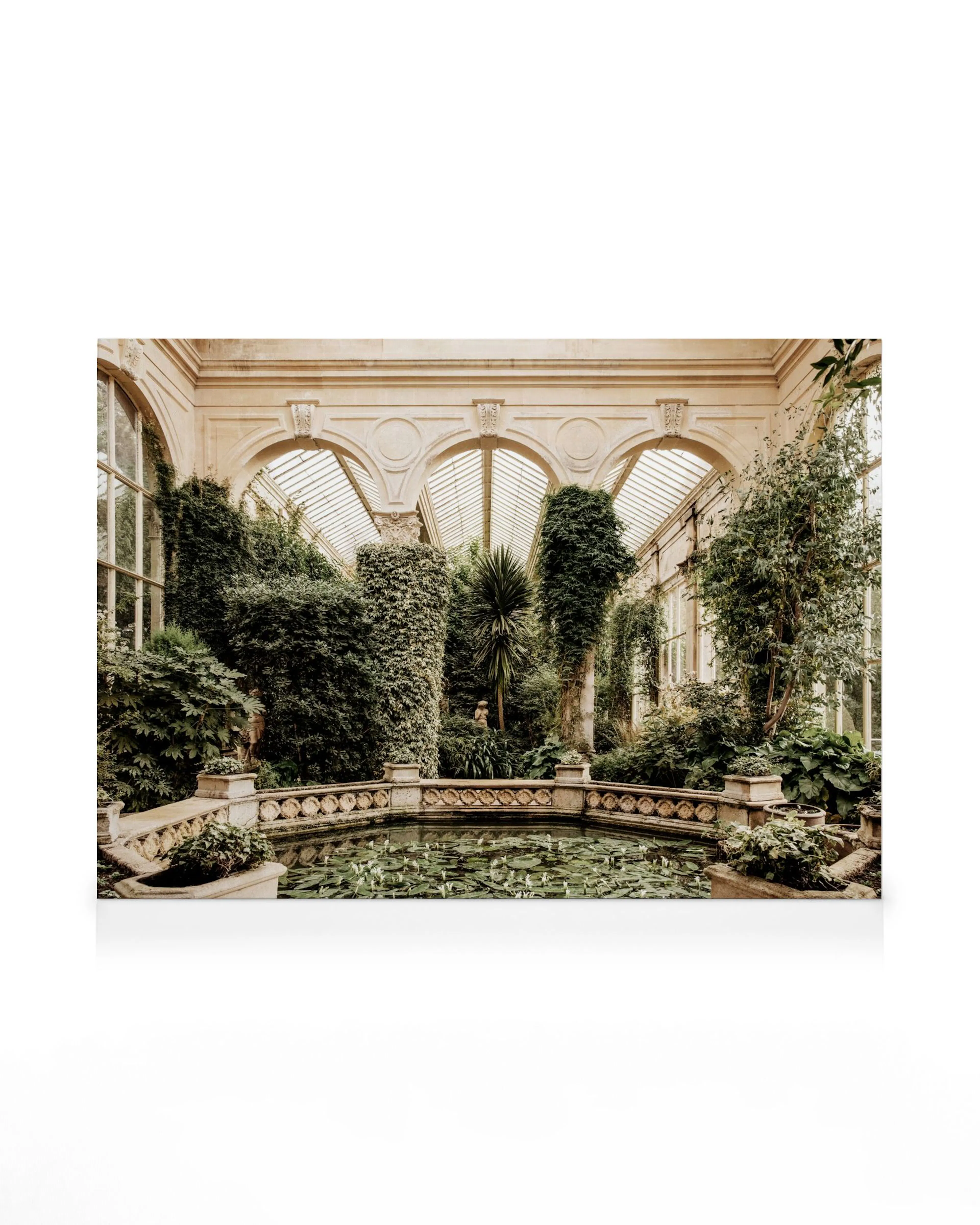 Indoor garden canvas print with lush green plants, trees, and a tranquil pond on beige walls, ideal for home decor.