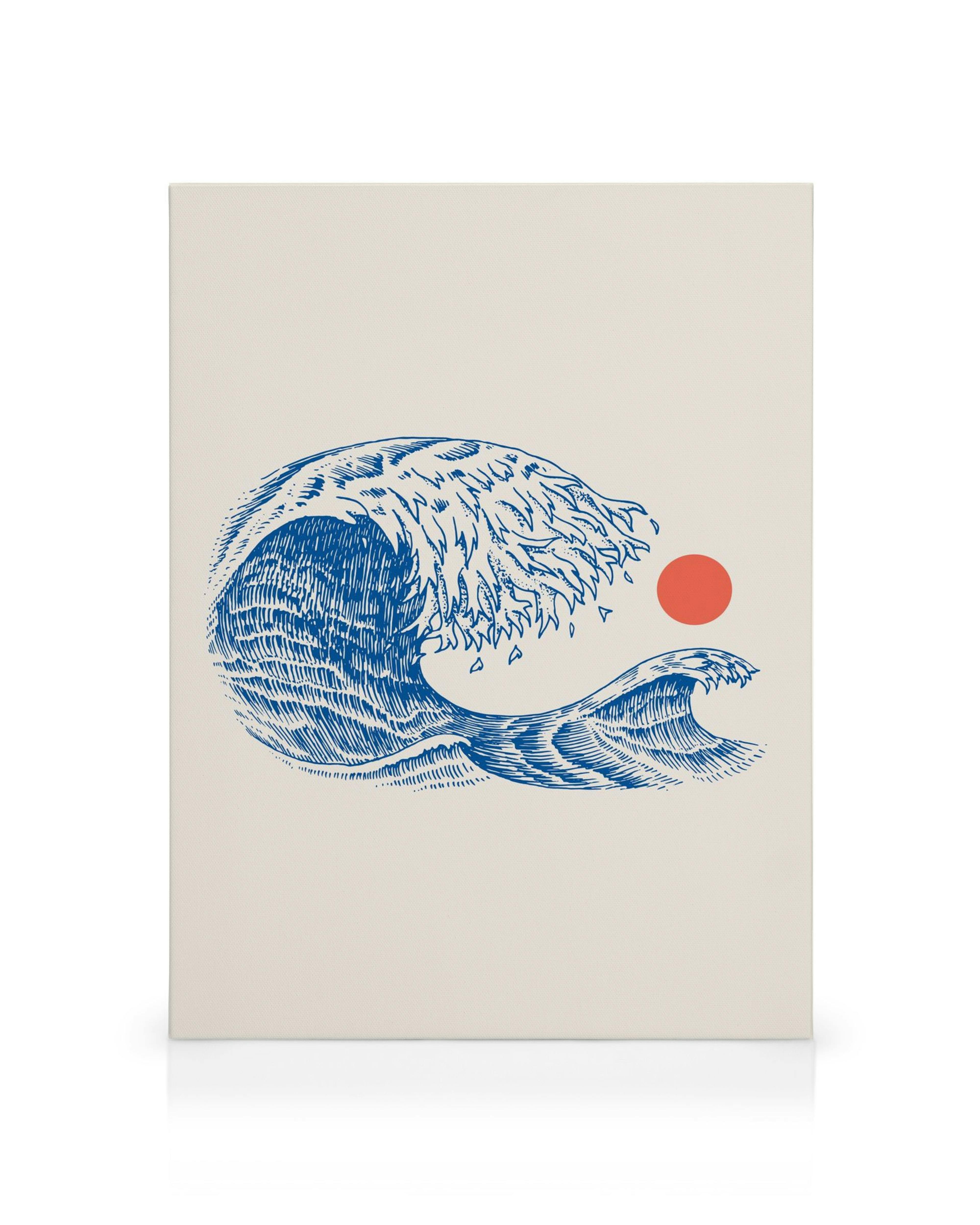 Blue wave illustration with red sun, inspired by Japanese woodblock art, on a light canvas print.