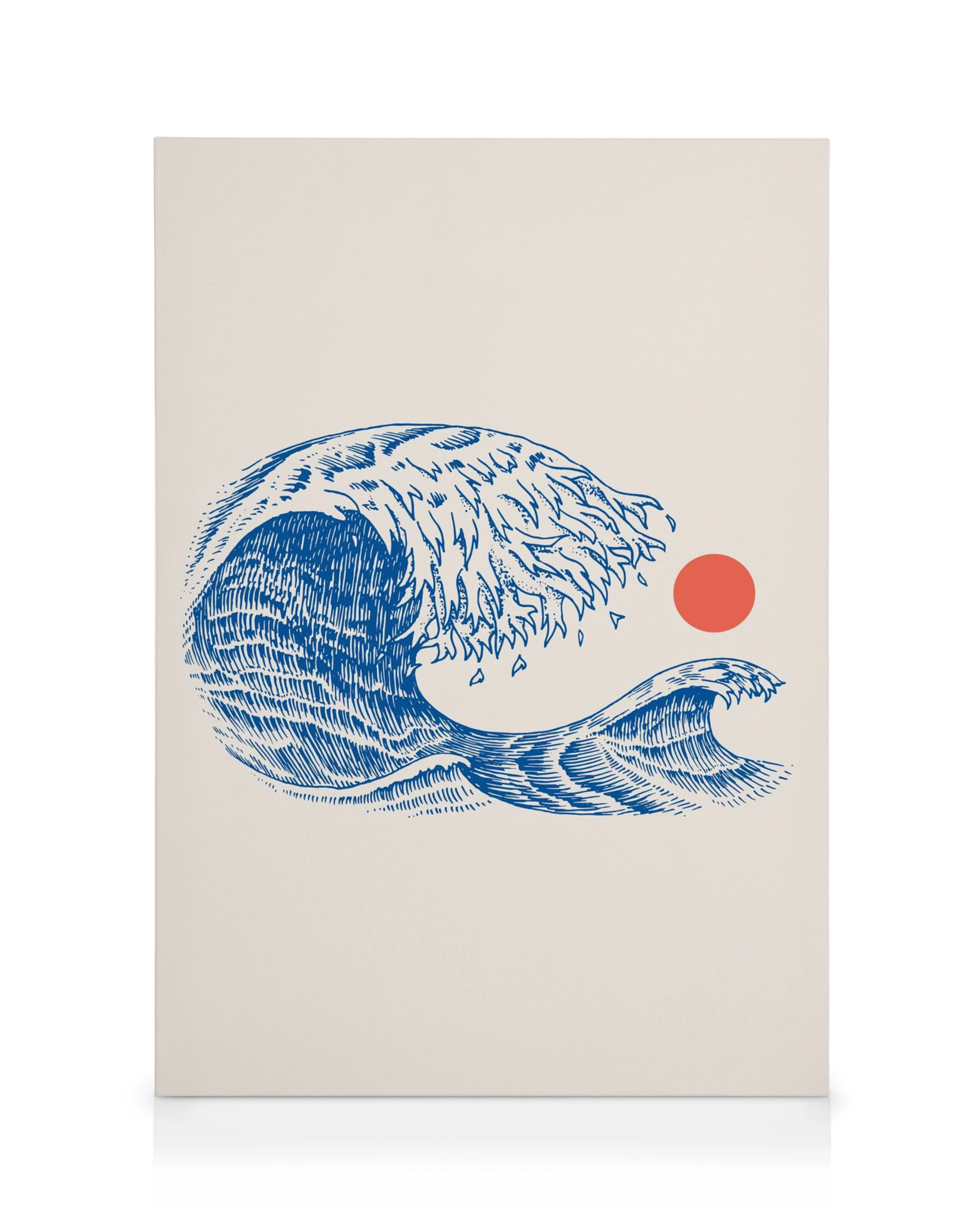 Toile abstraite La Vague, bleu et rouge, style dessin à lencre, sur fond clair. Affiche moderne.