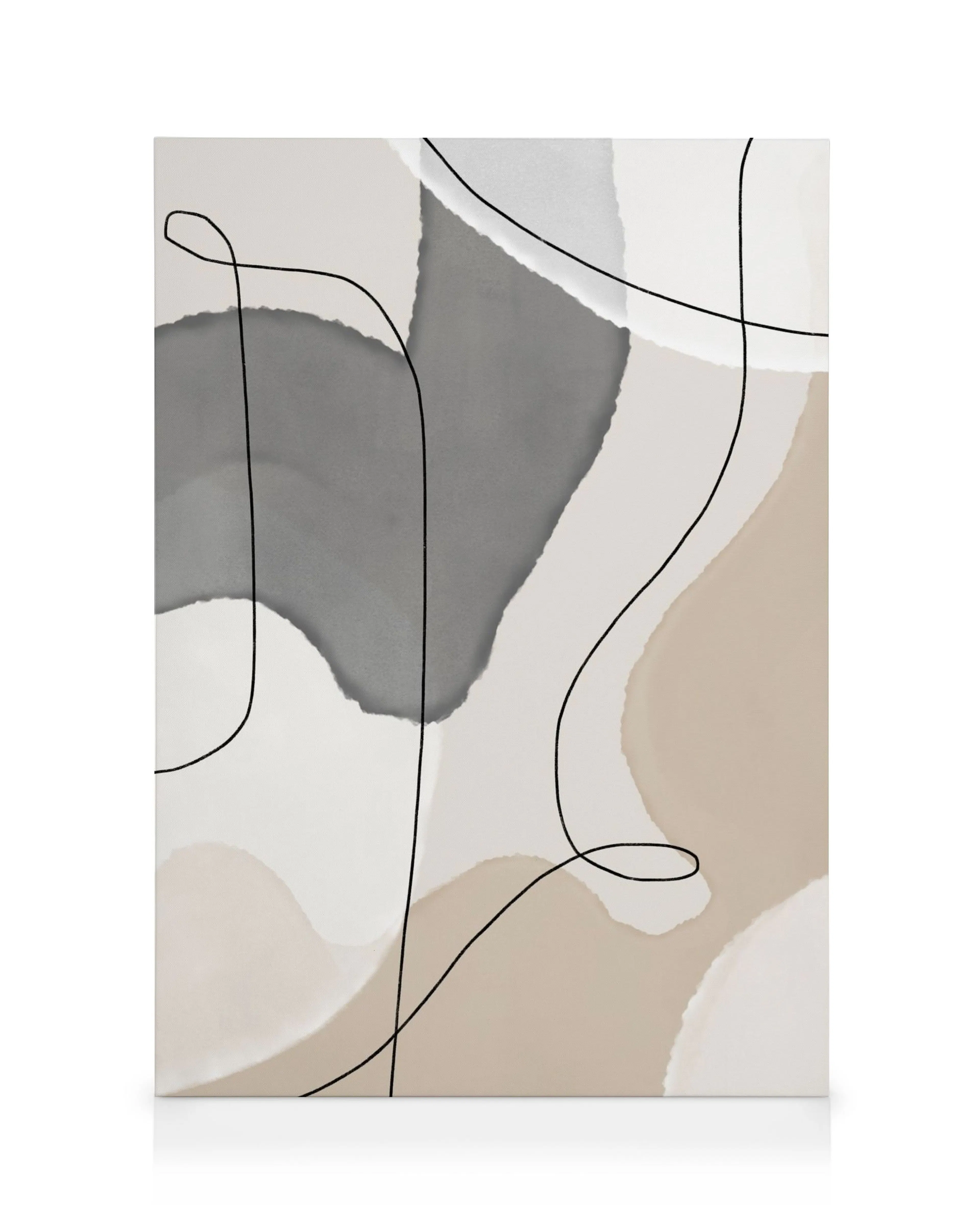 Abstraktes Leinwandbild mit geschwungenen Formen in Grau und Beige, mit überlappenden schwarzen Linien.