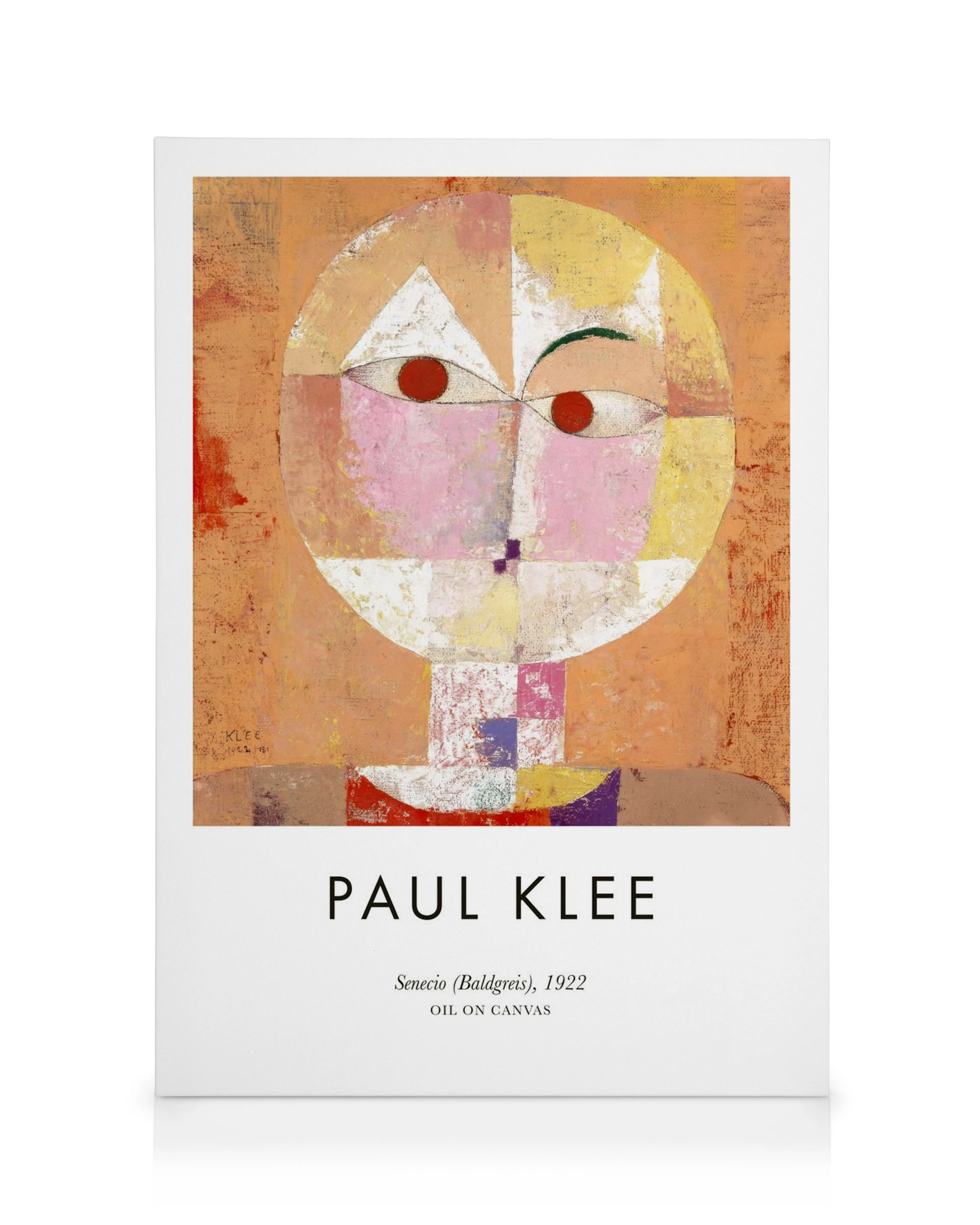 Paul Klees Senecio (Baldgreis) Leinwandbild, kubistisches Porträt in sanften Gelb-, Rosa- und Rottönen.