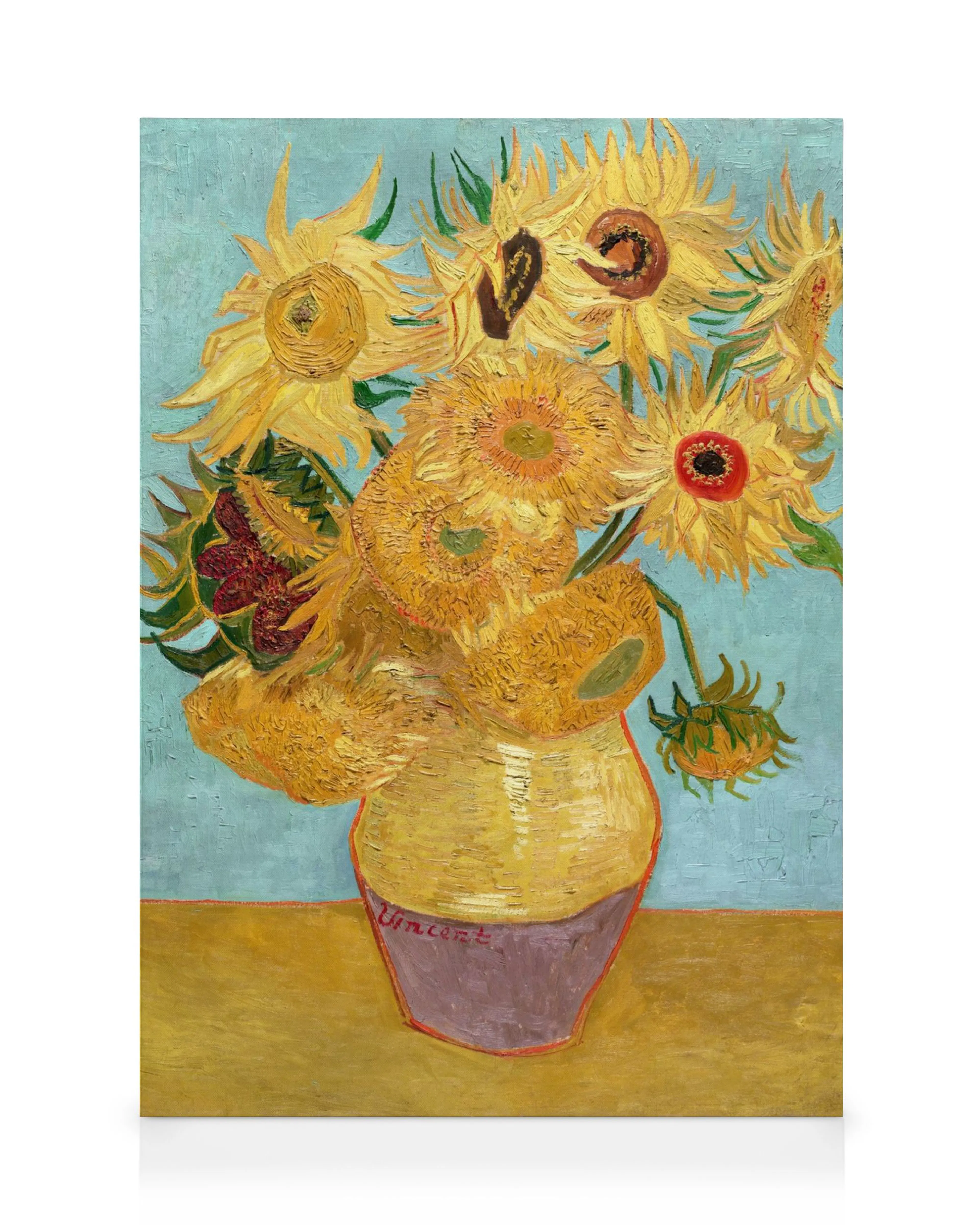 Canvas print van Van Goghs Vaas met Twaalf Zonnebloemen: gele zonnebloemen in een bruine vaas met dikke penseelstreken.