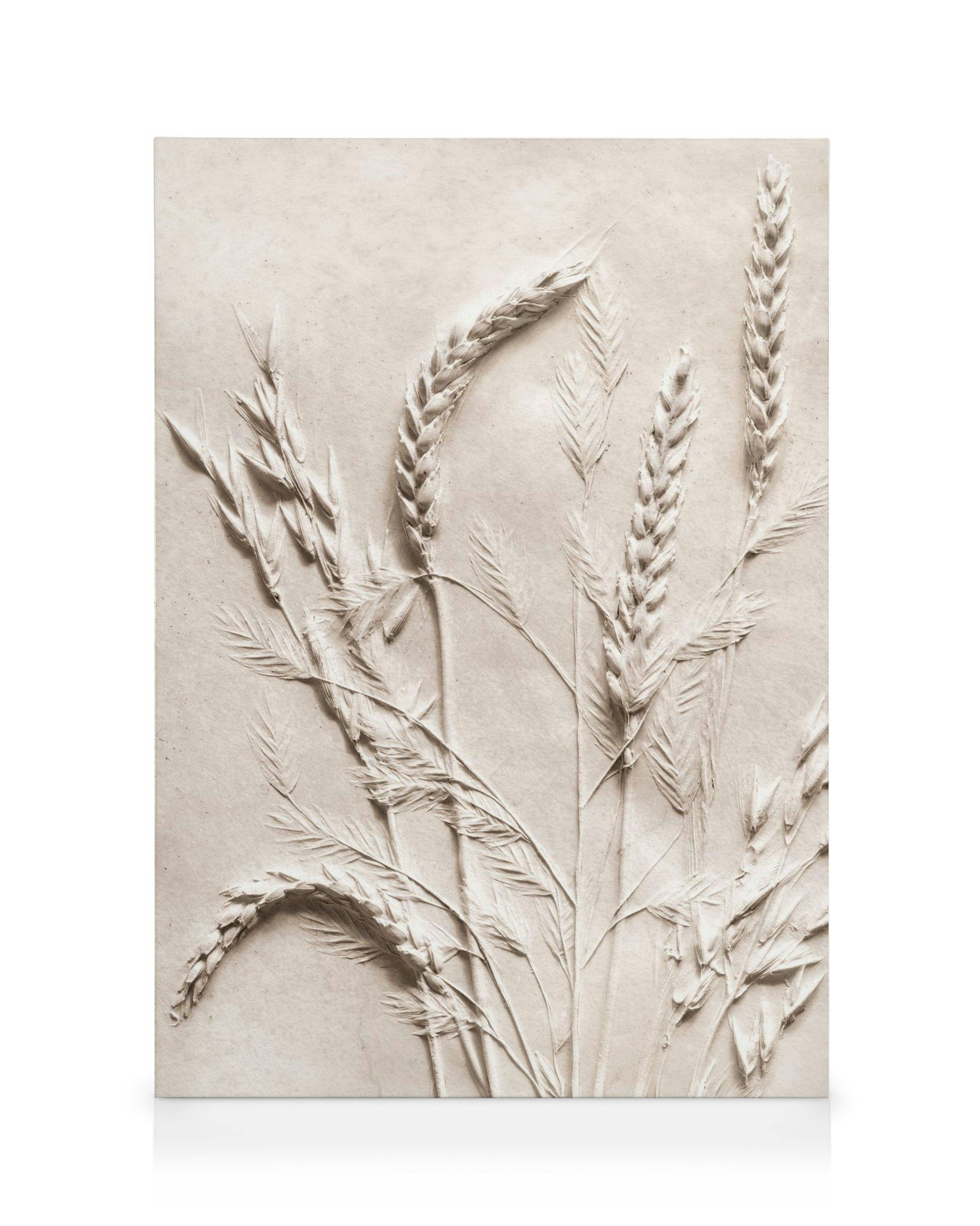 Relief wheat canvas art depicting textured wheat stalks and grains in earthy tones, botanical wall decor.