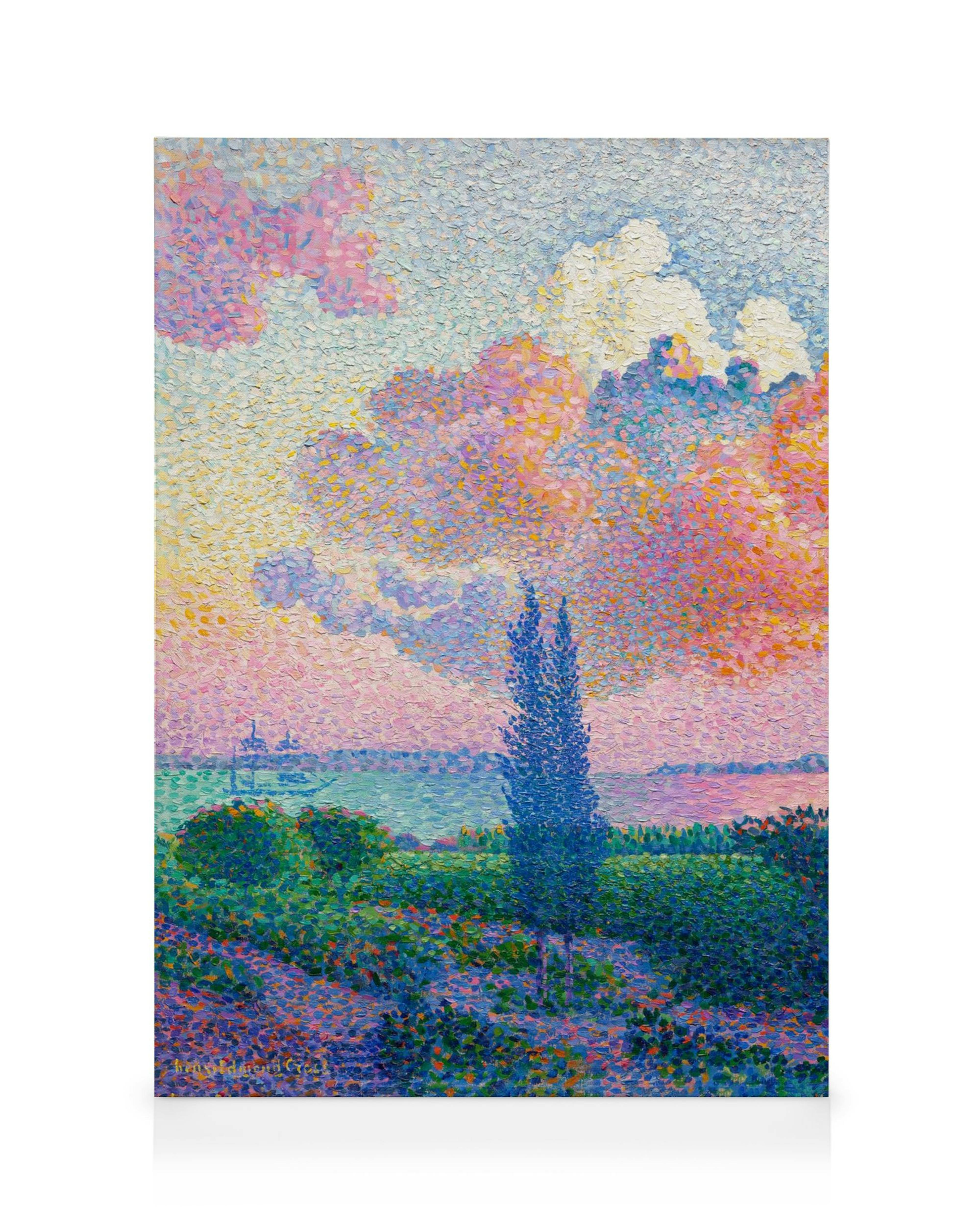 Henri-Edmond Cross pointillistisches Leinwandbild Die rosa Wolke, eine Küstenlandschaft mit rosafarbenen Wolken und grünem Land.