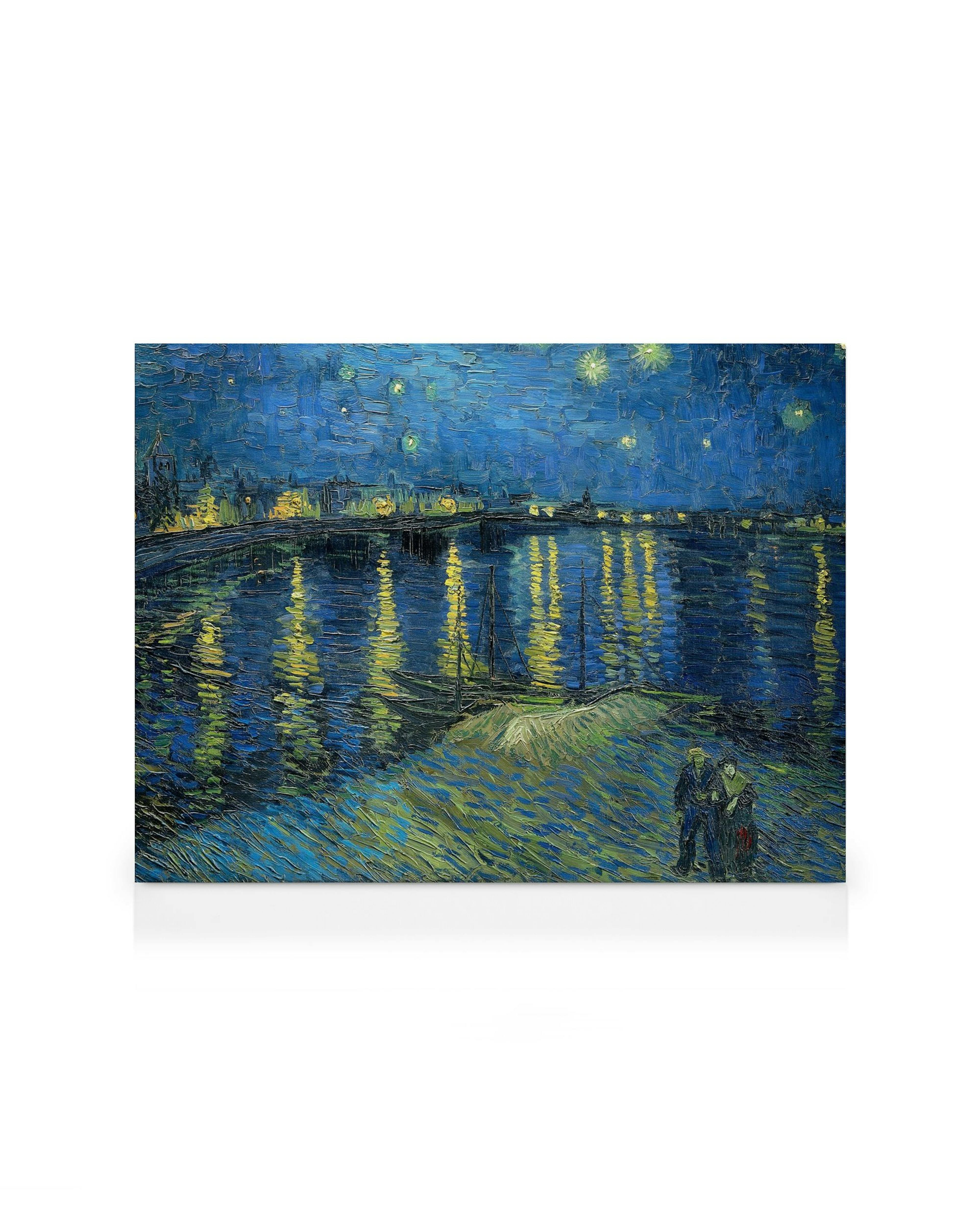 Van Gogh Leinwandbild, Sternennacht über der Rhône, impressionistisches Gemälde mit tiefblauem Himmel und leuchtenden Sternen, g