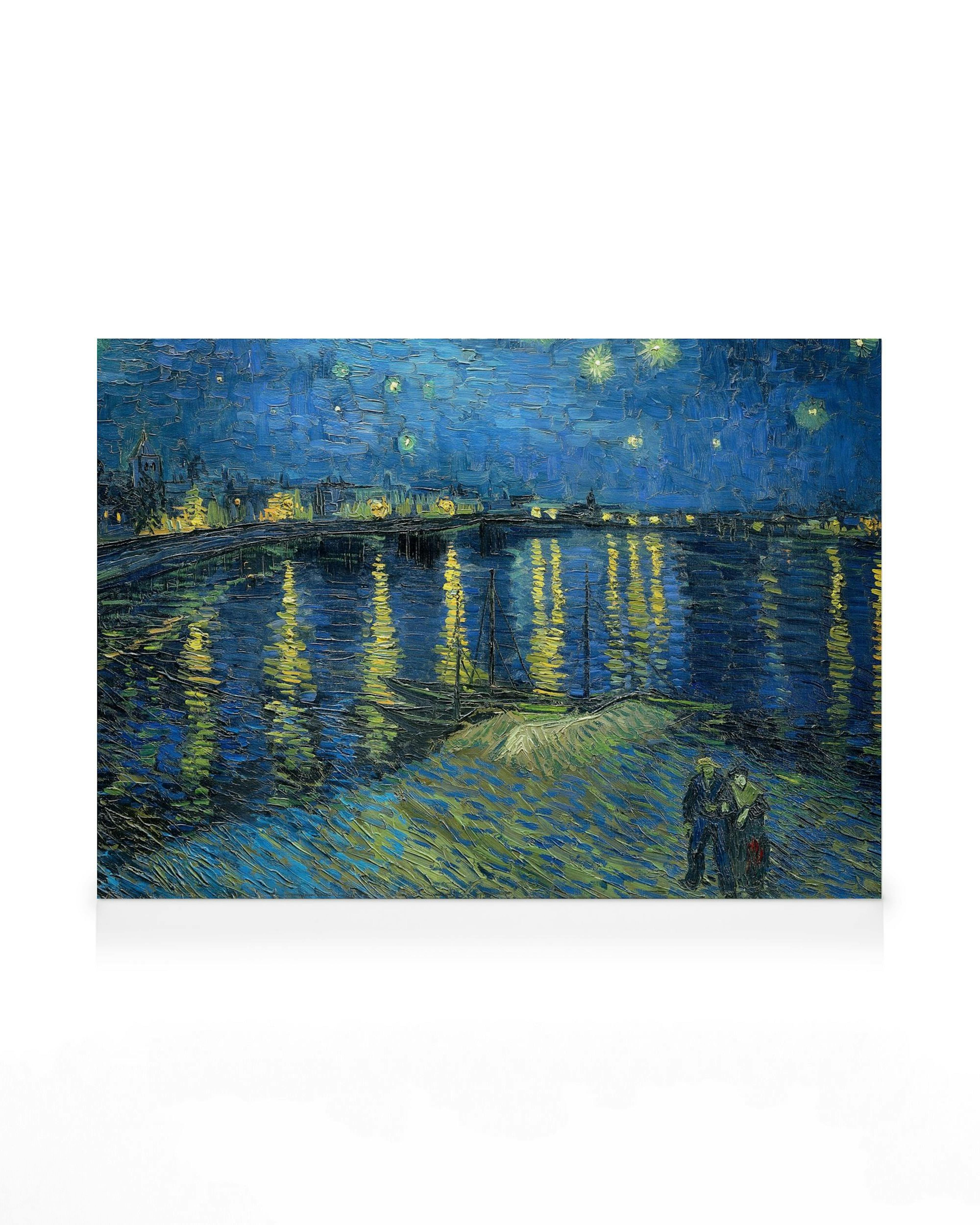 Van Gogh Leinwandbild Sternennacht über der Rhône, dunkler Nachthimmel mit leuchtenden Sternen und Stadtlichtern, die sich im Fl