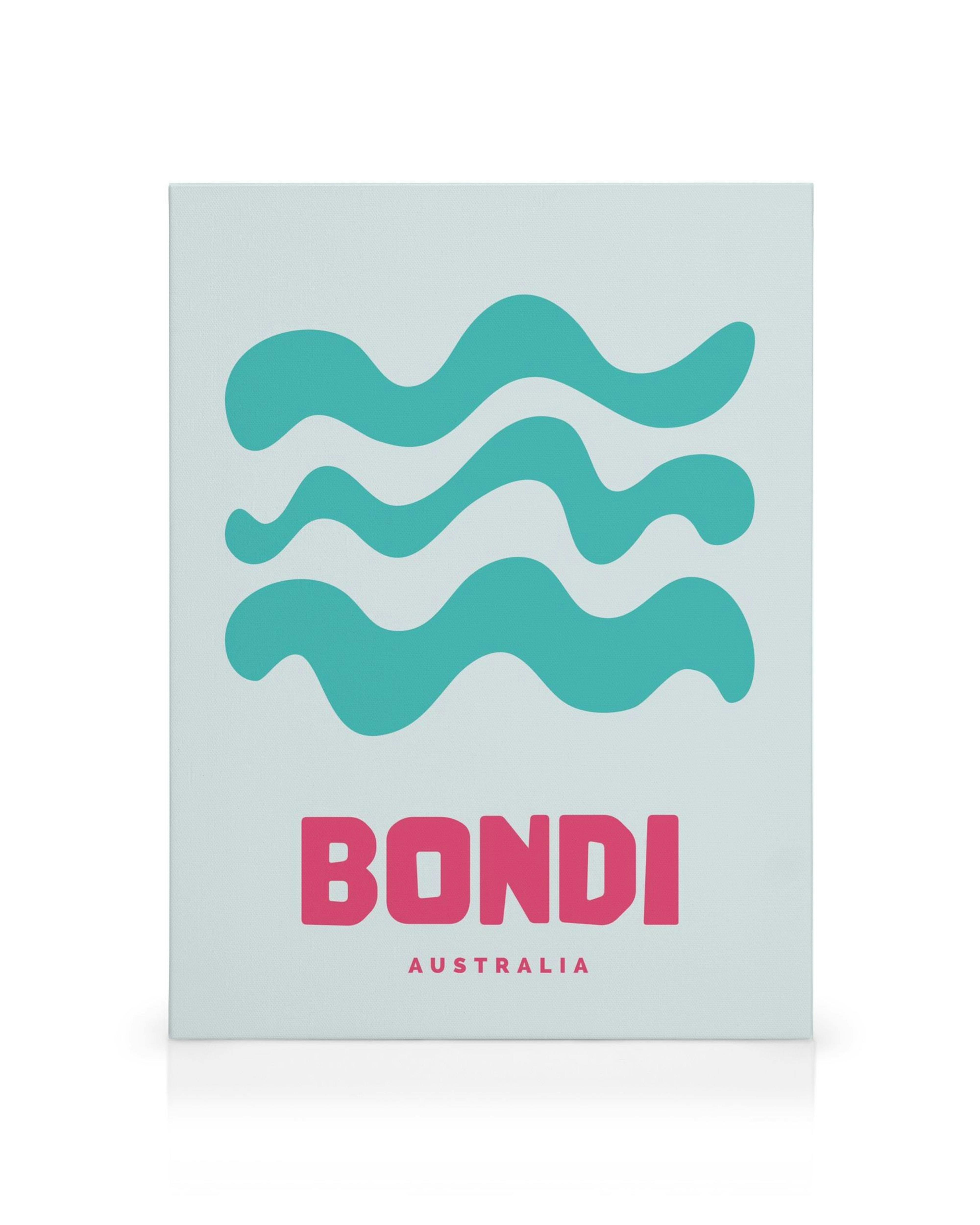 Καμβάς Bondi με τρία τιρκουάζ κυματιστά σχέδια και ροζ γράμματα BONDI AUSTRALIA