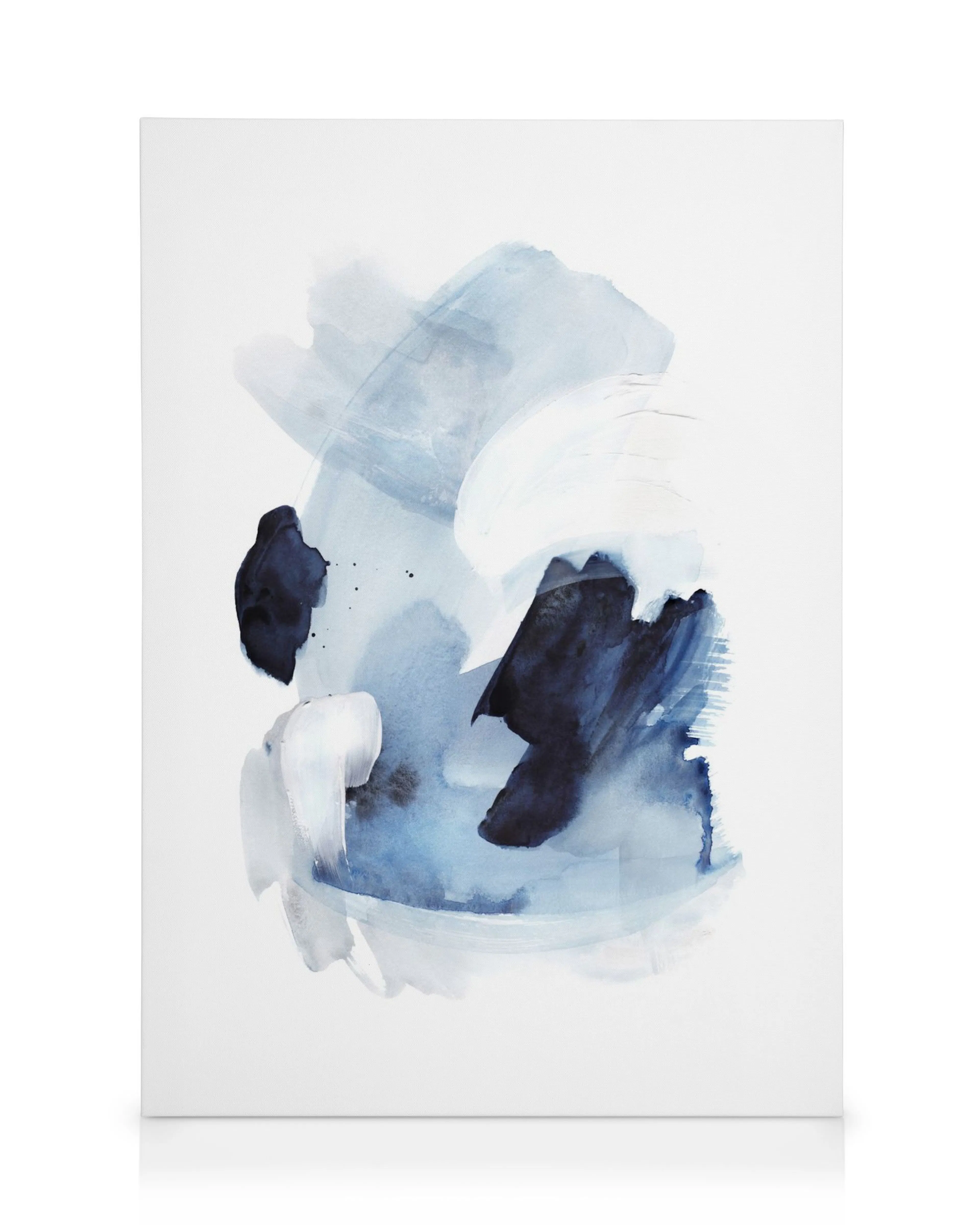 Abstract watercolor art in varying shades of blue, from light sky blue to deep indigo, with white accents creating a dynamic com