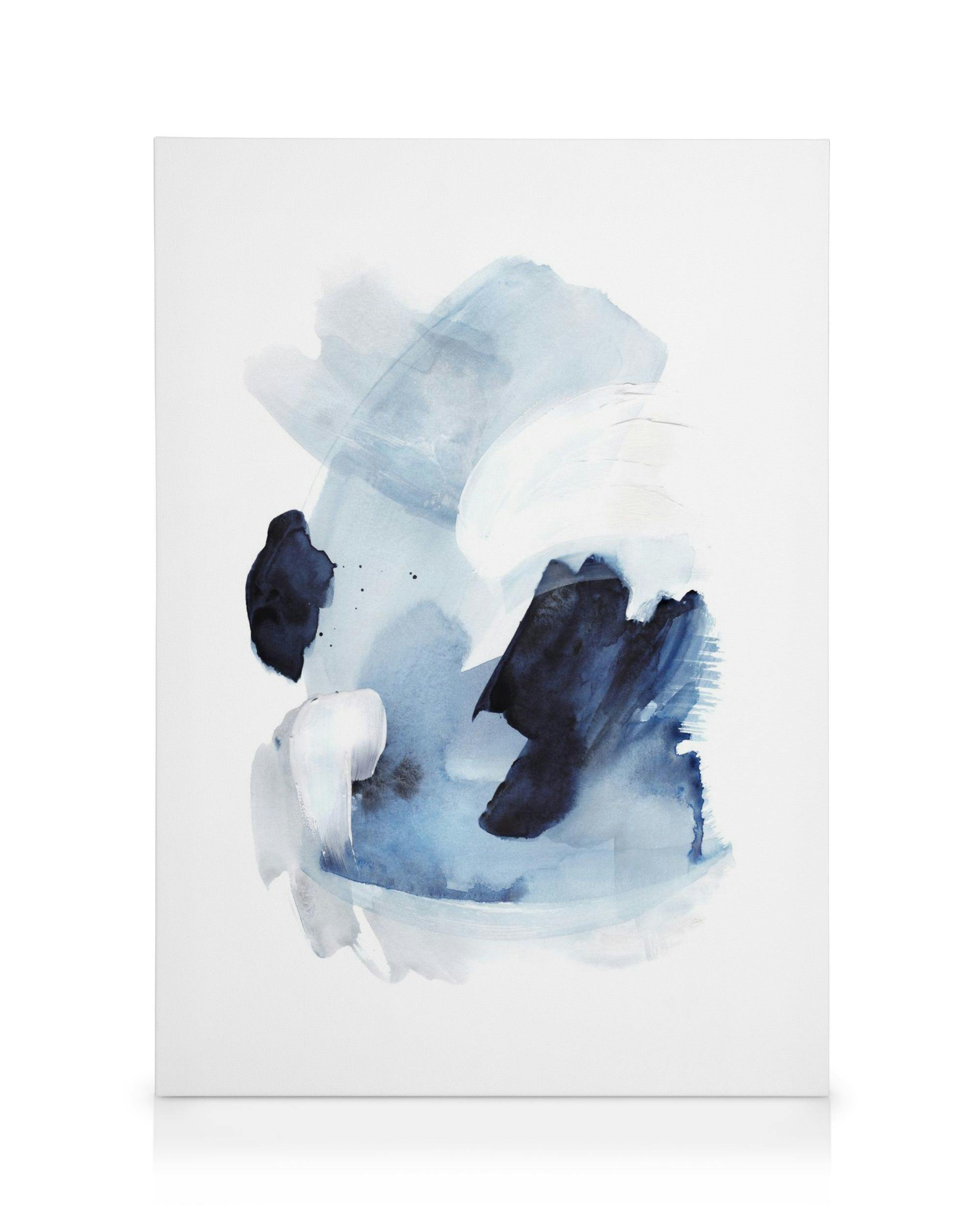 Abstract canvas print featuring blue and black brush strokes on a white background, ideal for modern wall art decor.