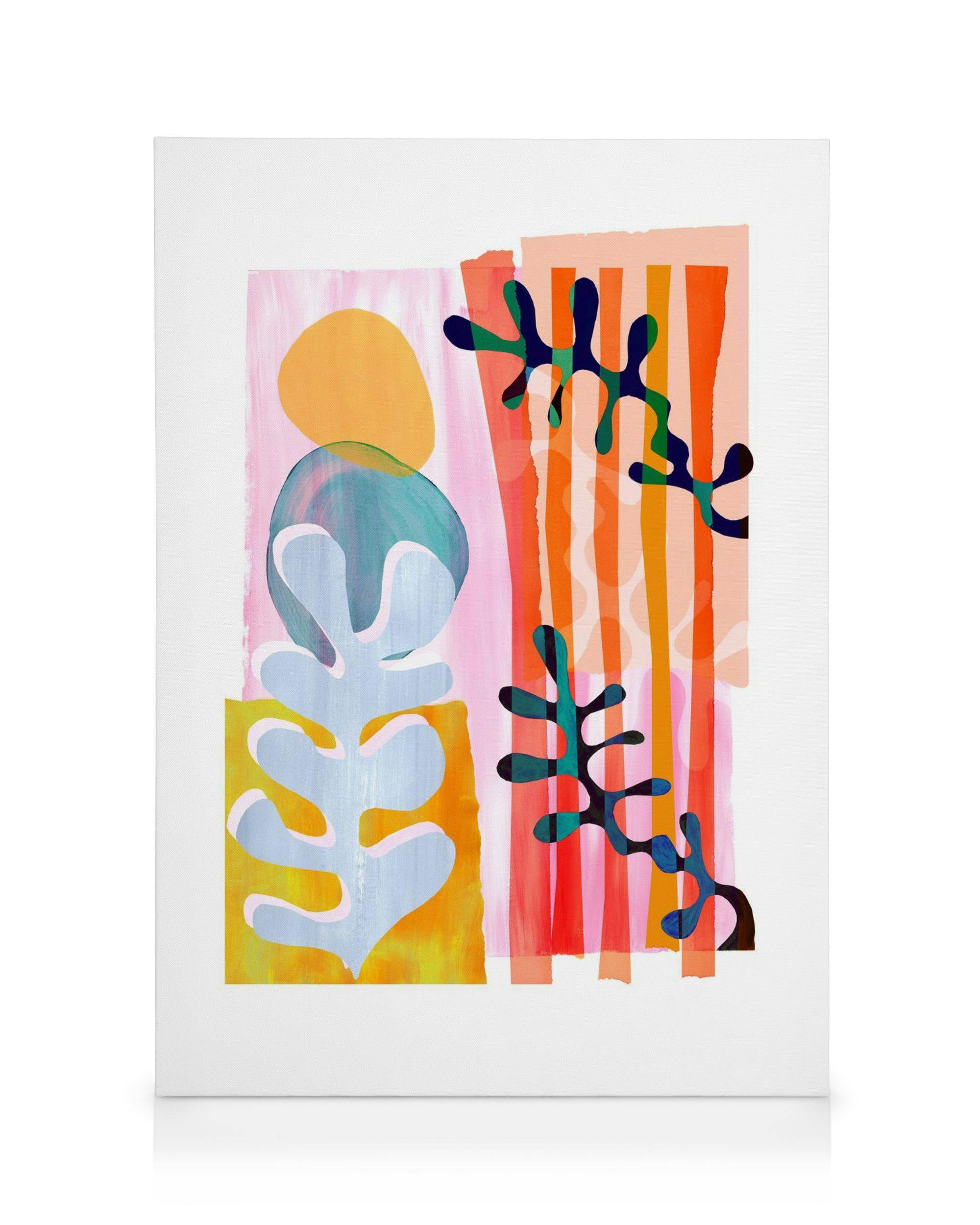 Colourful abstract seaweed leaf canvas print with pink, yellow, orange stripes, blue and yellow circles, and leaf patterns.