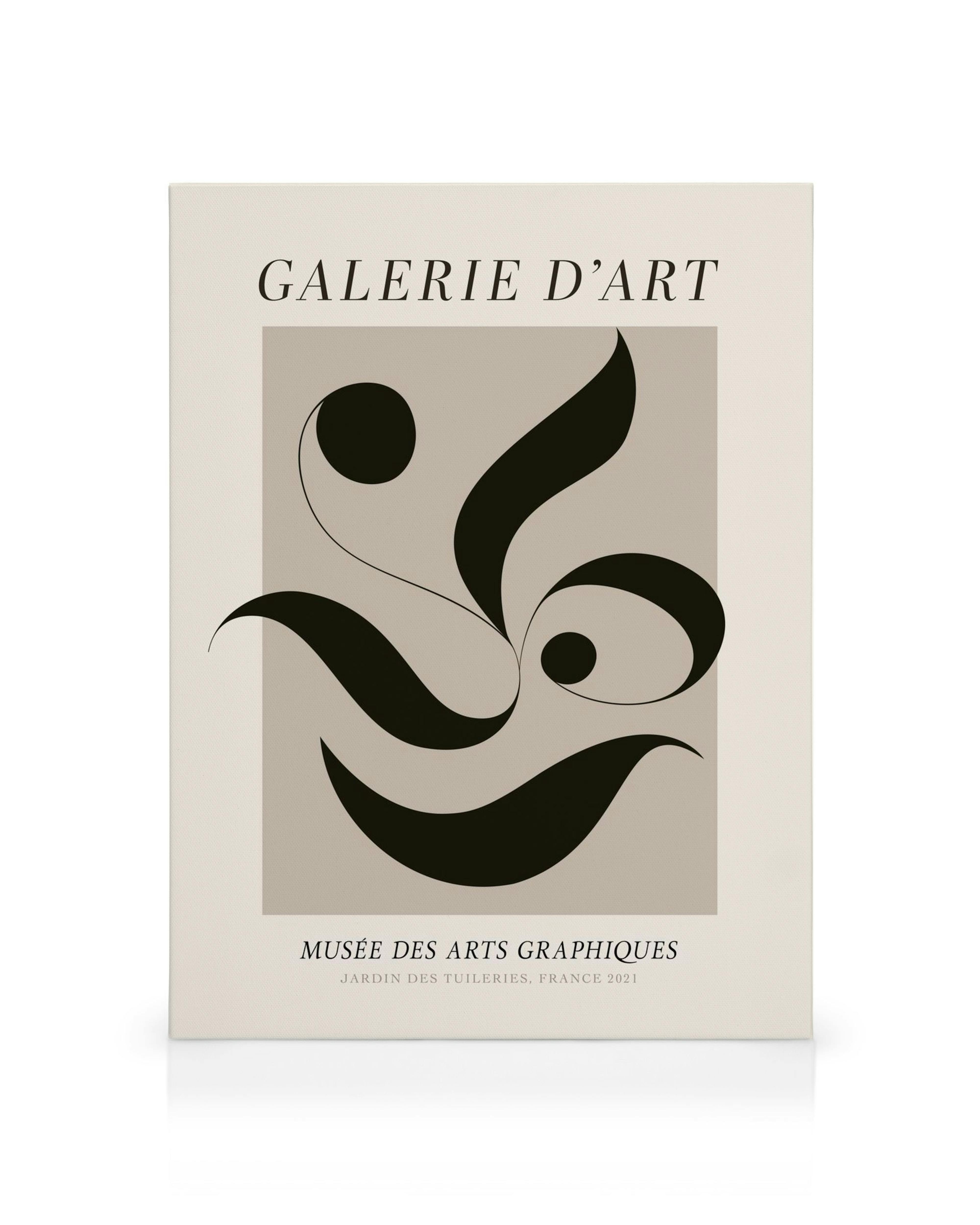 Abstract canvas print with black graphic shapes and text on a beige background, Galerie Dart No2 Canvas print