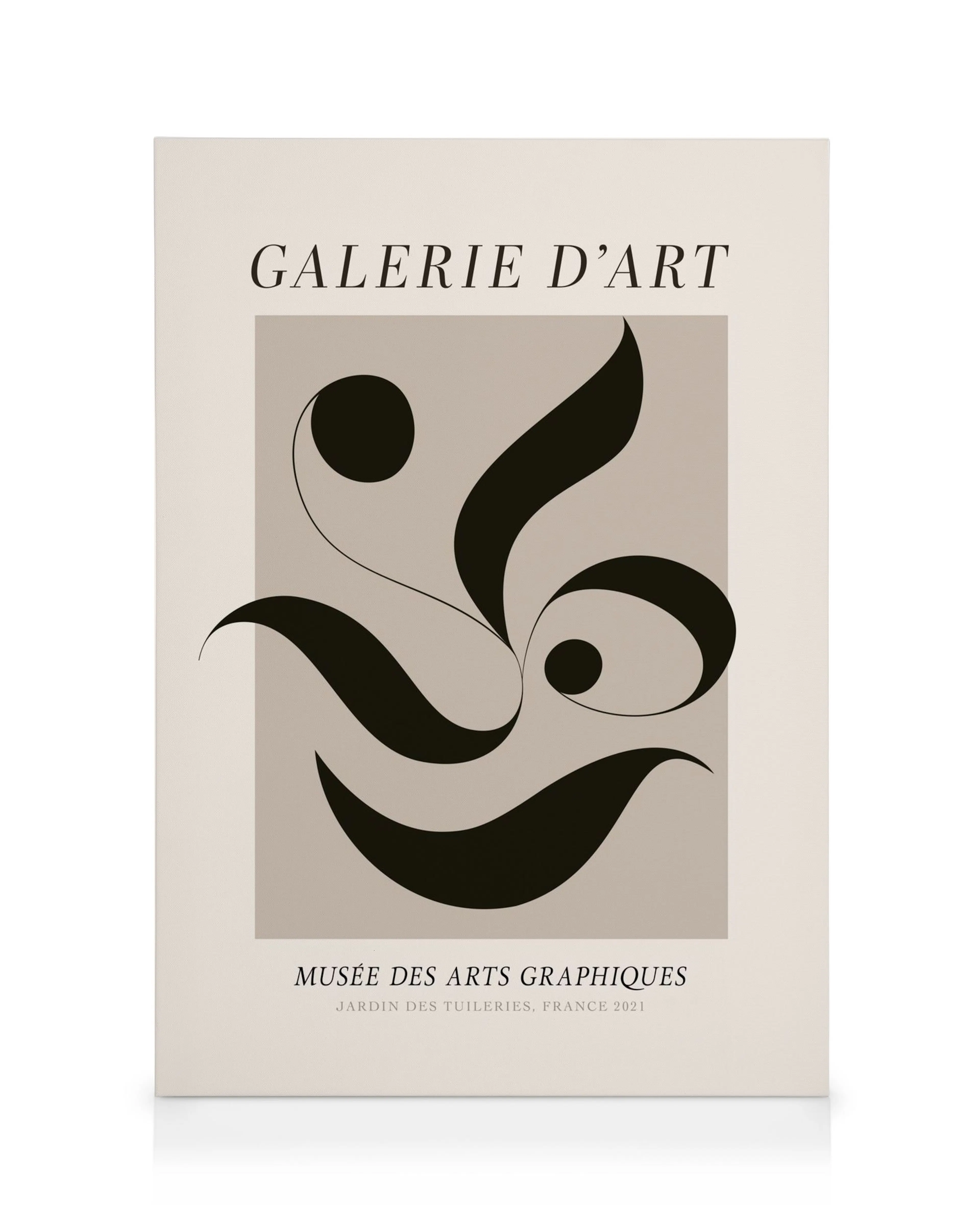 Abstract canvas print with black graphic shapes and text on a beige background, Galerie Dart No2 Canvas print