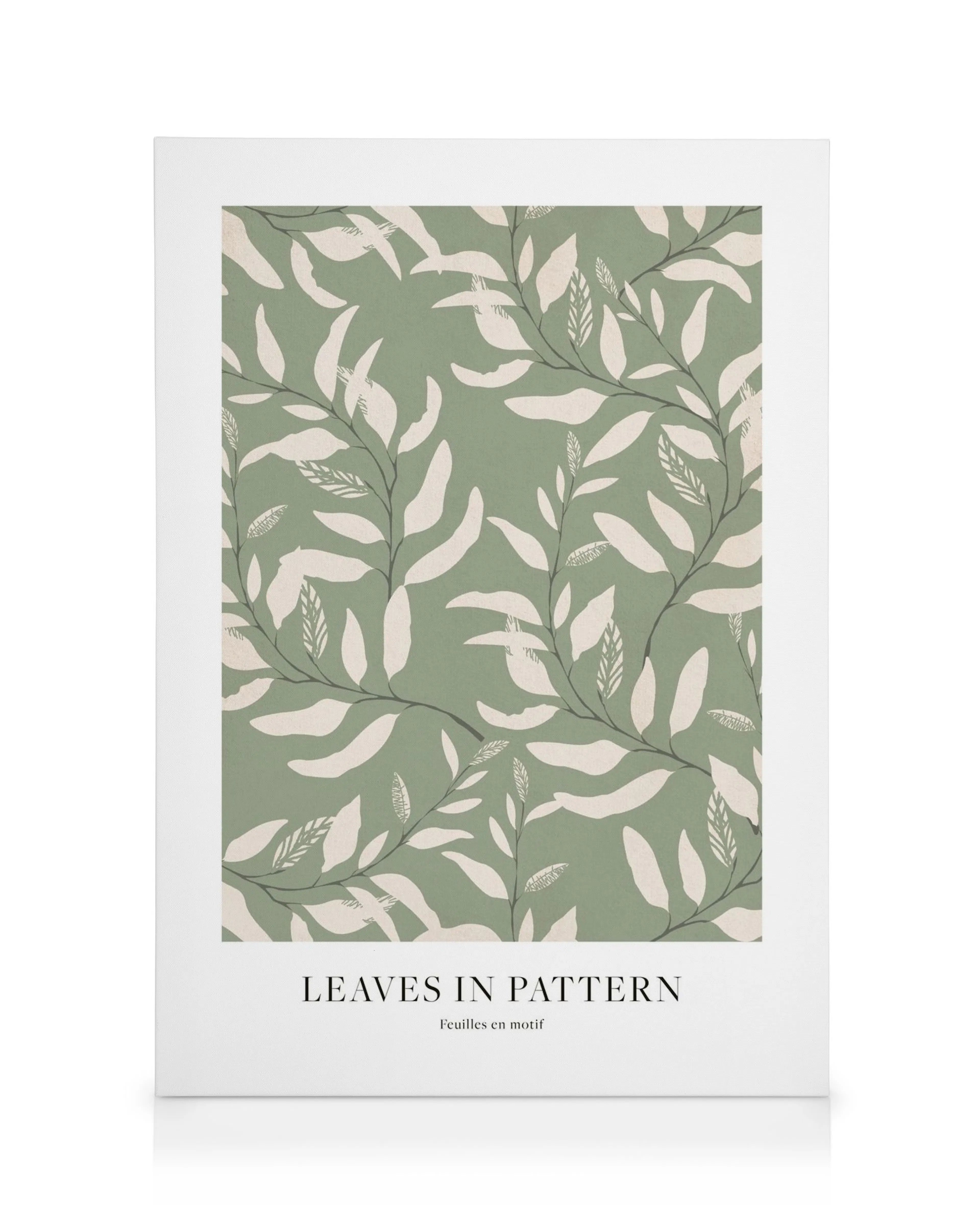 Leaves in Pattern canvas print with light green background and cream-colored leaves on delicate black stems, forming a naturalis