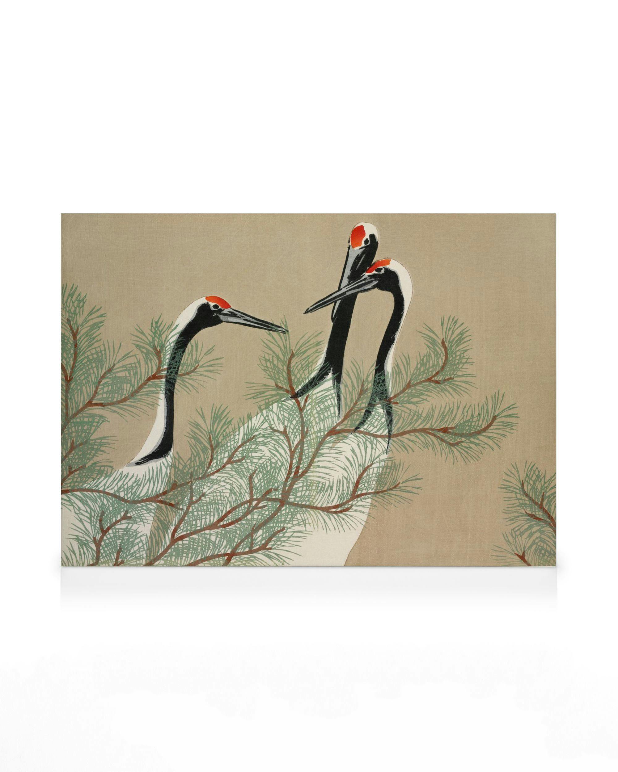 Leinwandbild mit drei japanischen Kranichen und Pinienzweigen, Kamisaka Sekka Kunst Momoyogusa Serie