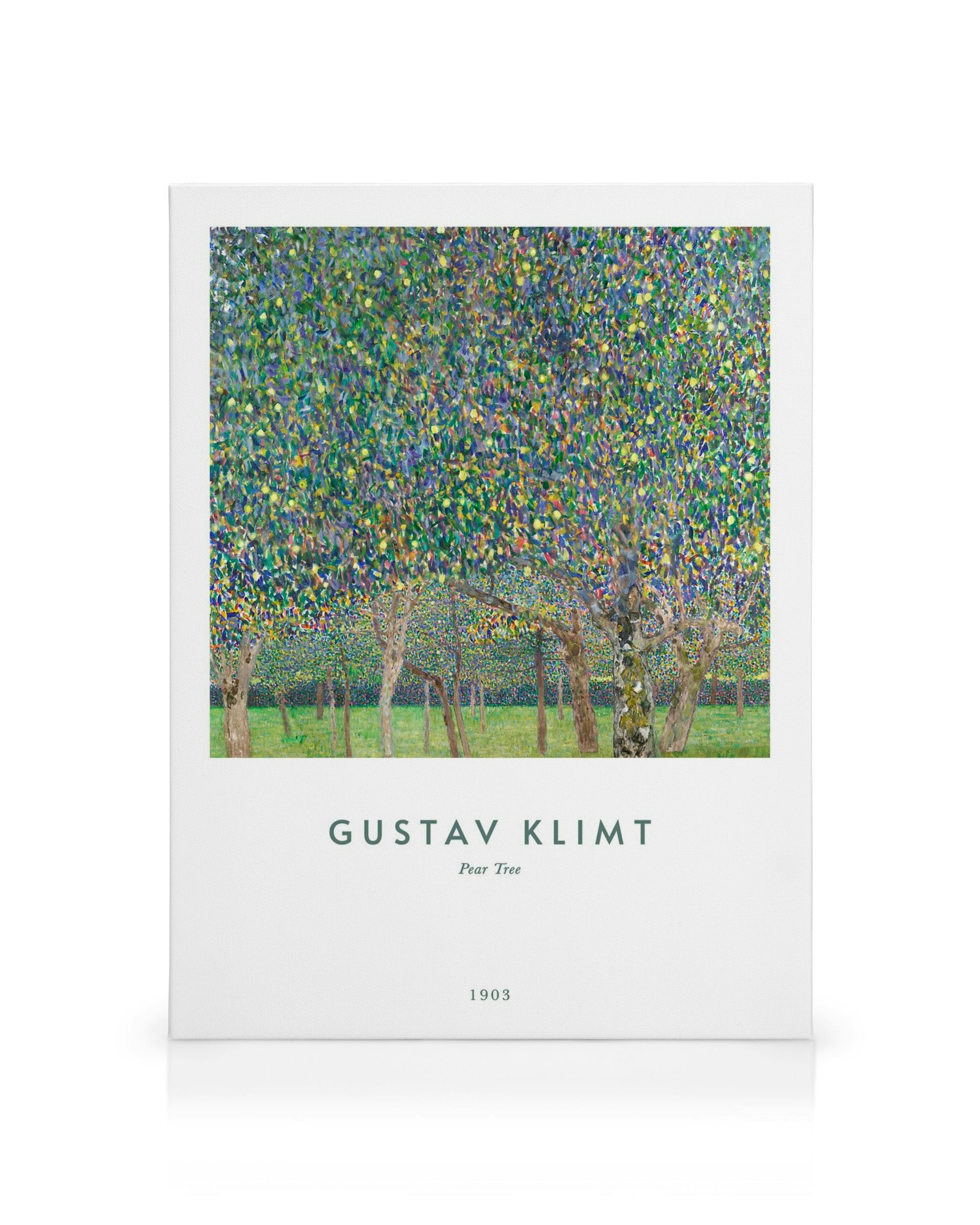 Gustav Klimts Pear Tree canvas, schilderij van perenbomen met levendige, kleurrijke bladvormen in puntillistische stijl.